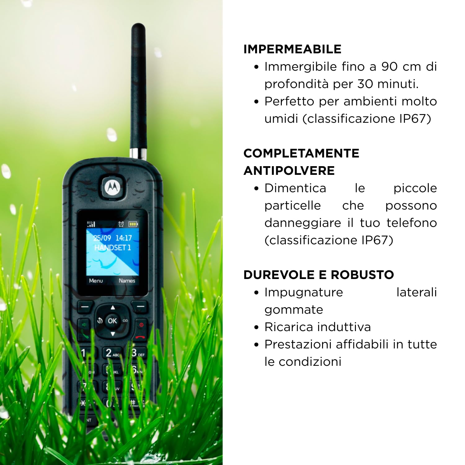 Motorola - Telefono fisso wireless DECT O201, ID chiamante, retroilluminazione, rubrica da 200 numeri, lungo raggio, vivavoce, ideale per uso esterno, nero