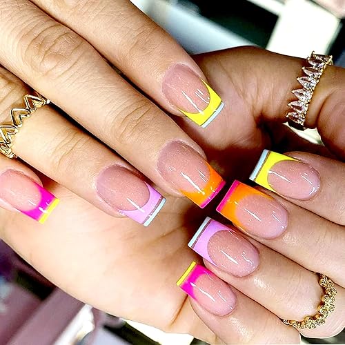 Uñas postizas francesas a presión, uñas cortas a presión, uñas acrílicas a presión, uñas postizas con diseños, uñas adhesivas, 24 unidades