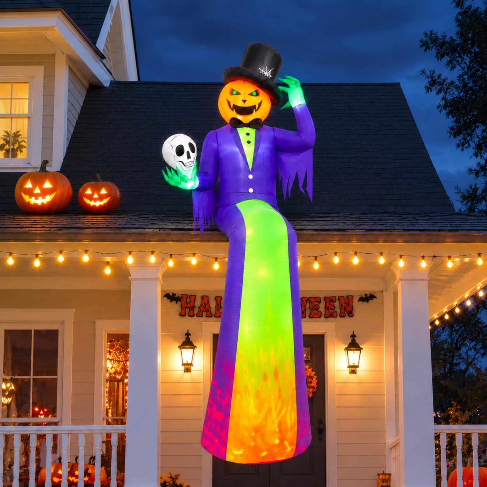 Calabaza inflable de Halloween sentada de 10 pies con luz de llama para
