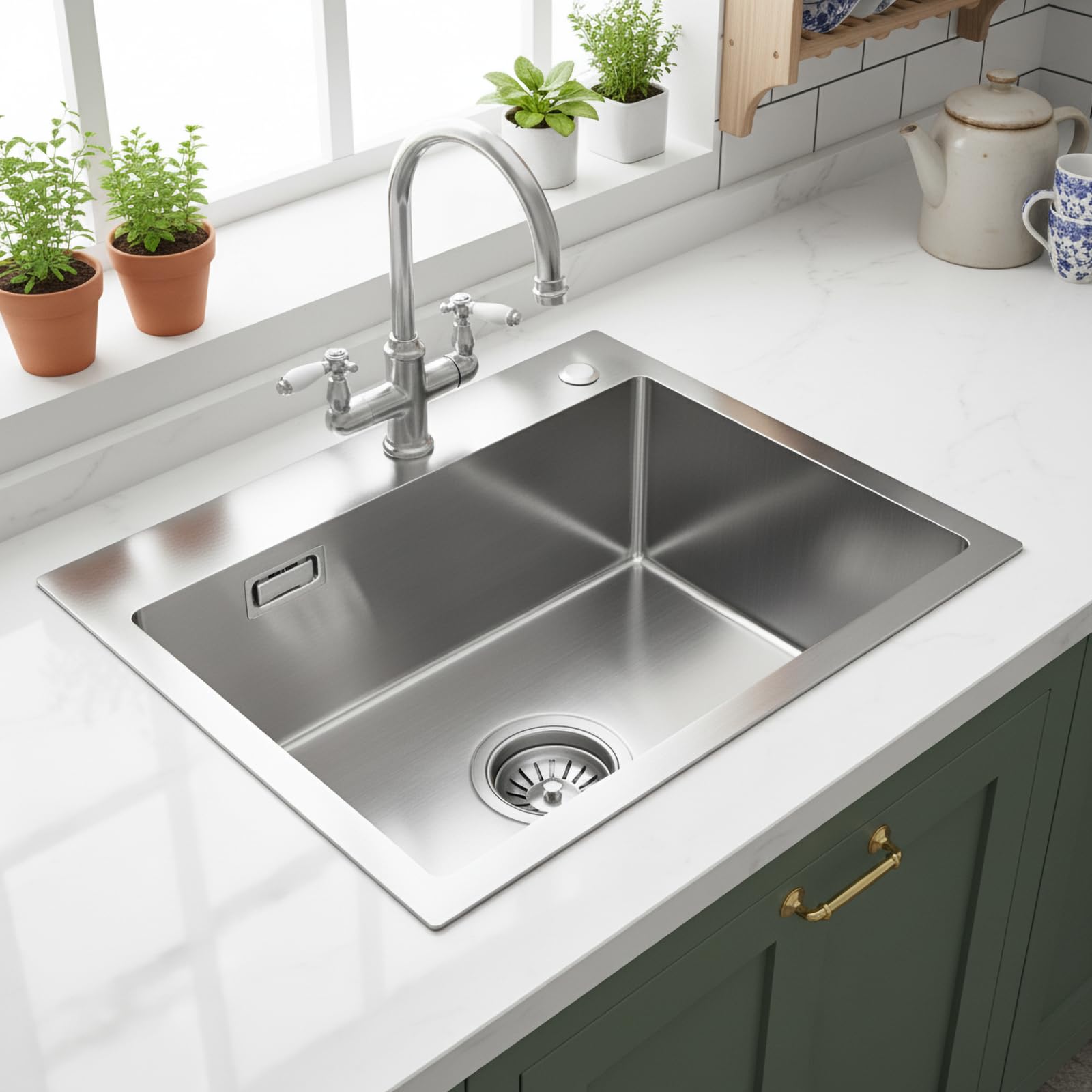 OUGOO Handmade 304 Stainless Steel Kitchen Sink, 50x40cm (Inner 45x30cm) Single Bowl Sink with Darin Waste Kit (Trap NOT Included), Top/Flush-Mount, 2 Tap Holes, Brushed