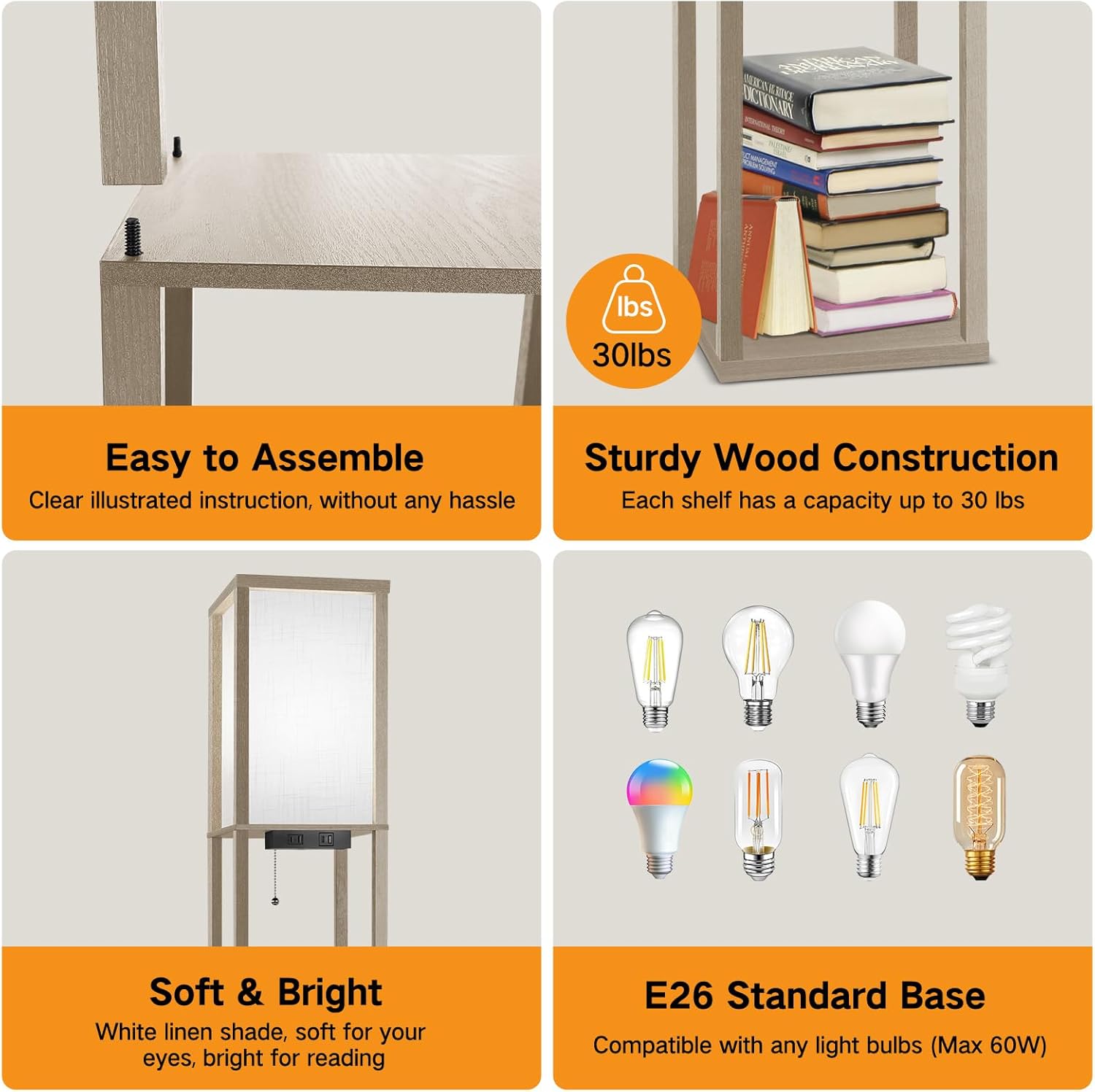 OUTON Floor Lamp with Shelves, LED Shelf Floor Lamp with 1 USB & 1 Type C Ports, 1 AC Outlet, 3 Color Temperature, Storage Display Wood Column Tall Standing Lamp for Living Room, Bedroom Office, Grey