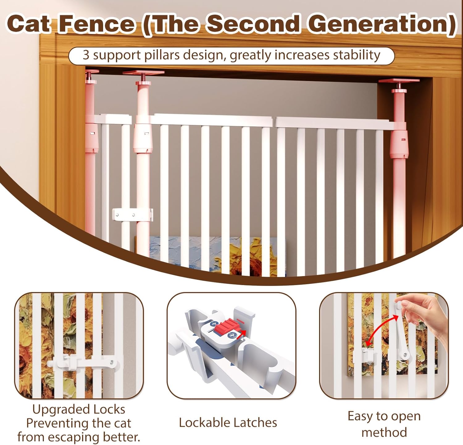 74.8"-90.5" Extra Tall Cat Gate for Doorway, Auto‑Close, No‑Drill Pressure‑Mount with 3 Support Pillars & Double‑Door, Fits 30.3–38.2″ Openings, 1.37″ Narrow Gap, Extension Kit Included, White