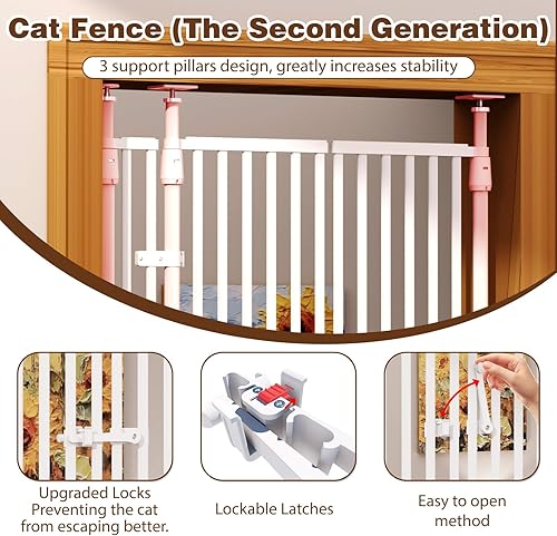Miniatura 6 de Puerta para gatos extra alta de 74.8"-90.5" para puerta, cierre automático, montaje a presión sin taladro, con 3 pilares de soporte y puerta doble,