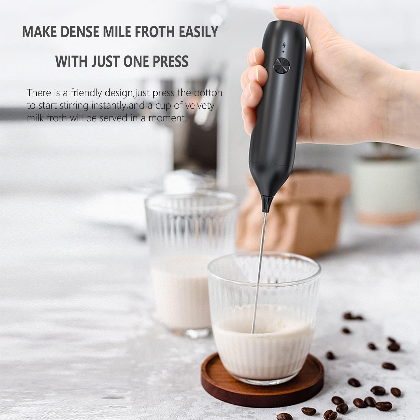 FITNATE Elektrische melkopschuimer staaf, USB elektrische melkopschuimer, met 3 niveaus, 2 roestvrijstalen gardes en kan voor koffie, warme