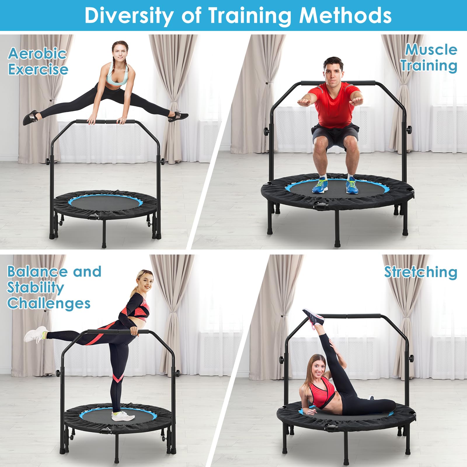 LIFERUN Trampolino elastico pieghevole per adulti e bambini, diametro 101 cm, capacità 150 kg, corrimano regolabile
