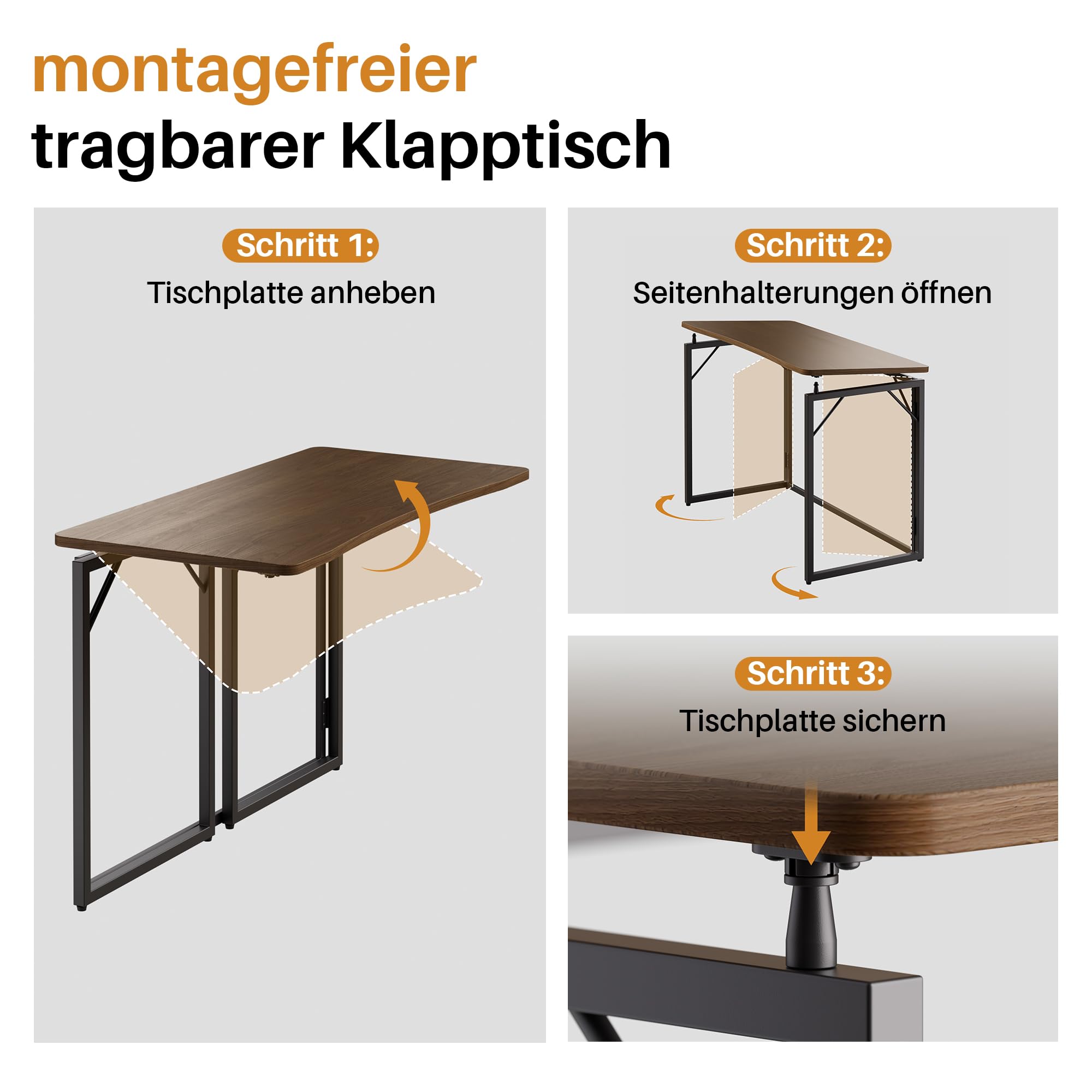 JOYMOOP 80 cm Klappschreibtisch – Braun, Keine Montage, Kleiner Faltbarer Schreibtisch für Zuhause, Büro, Holzplatte, klappbarer Computertisch zum Arbeiten, Schreiben, Lernen