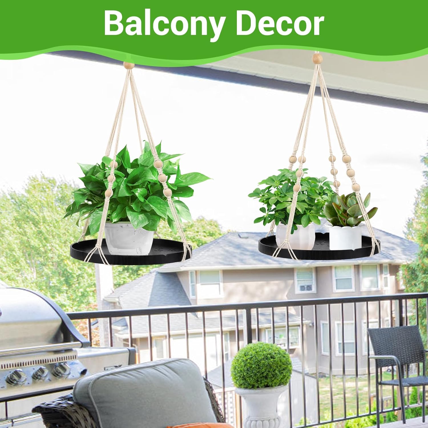 SUREAM 2 Packs Indoor/Outdoor Hanging Plant Holder, Plant Shelf with Large Tray, Hanging Basket for Window/Wall/Ceiling Decor