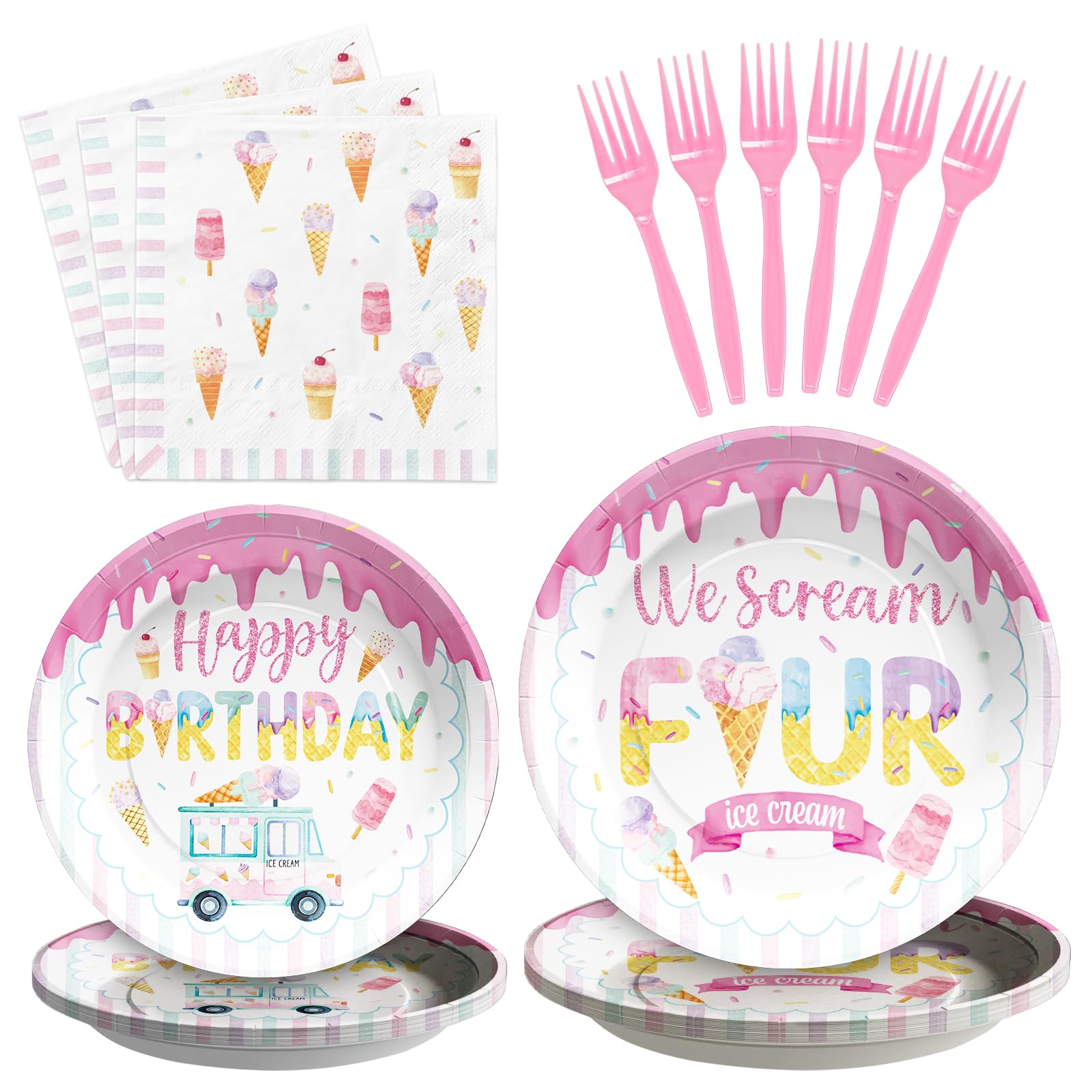 Grencian 96 Pcs Ice Cream 4th Birthday Party Decorations, Serves 24 | 4th Birthday Plates for Girls Ice Cream 4th Party Supplies Pink We Scream Four Paper Plate for Four Year Old Sweet Four Girls