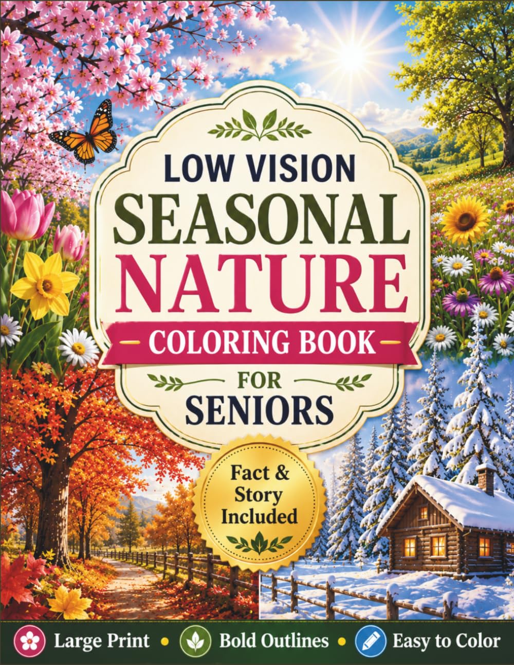 Low Vision Seasonal Nature Coloring Book for Seniors: 50 Large Print, Bold and Easy Nature Scenes Featuring Spring, Summer, Autumn, and Winter ... Stress Relief, and Comfortable Coloring