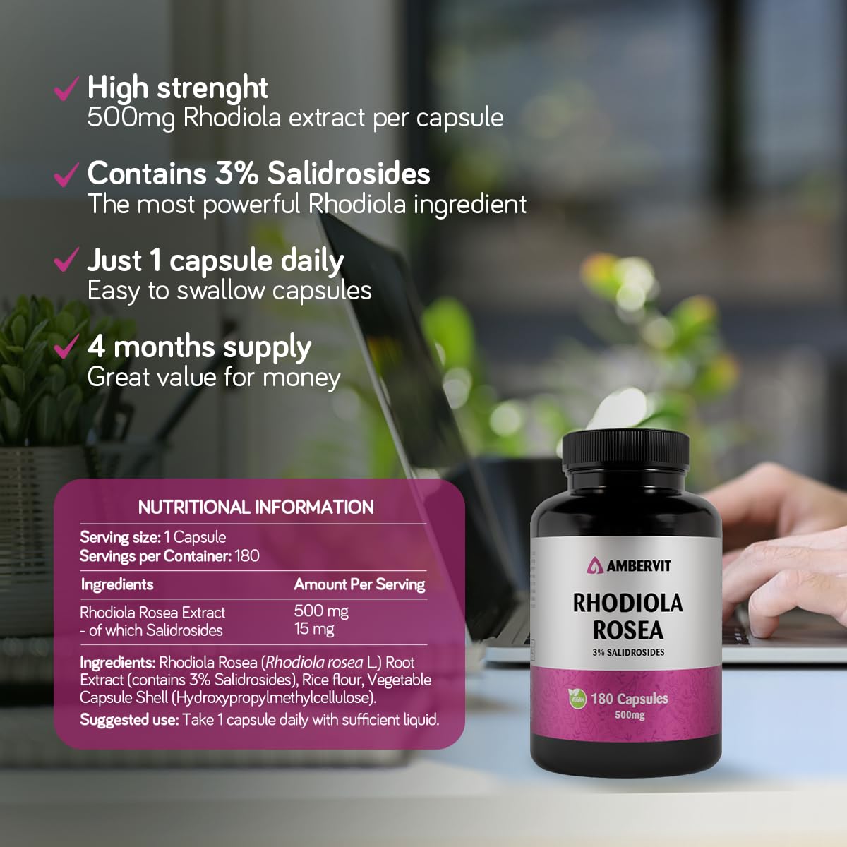 Rhodiola rosea 500 mg 180 gélules Extrait de racine titré à 3 % de salidroside Végan, sans agents de remplissage artificiels, sans allergènes