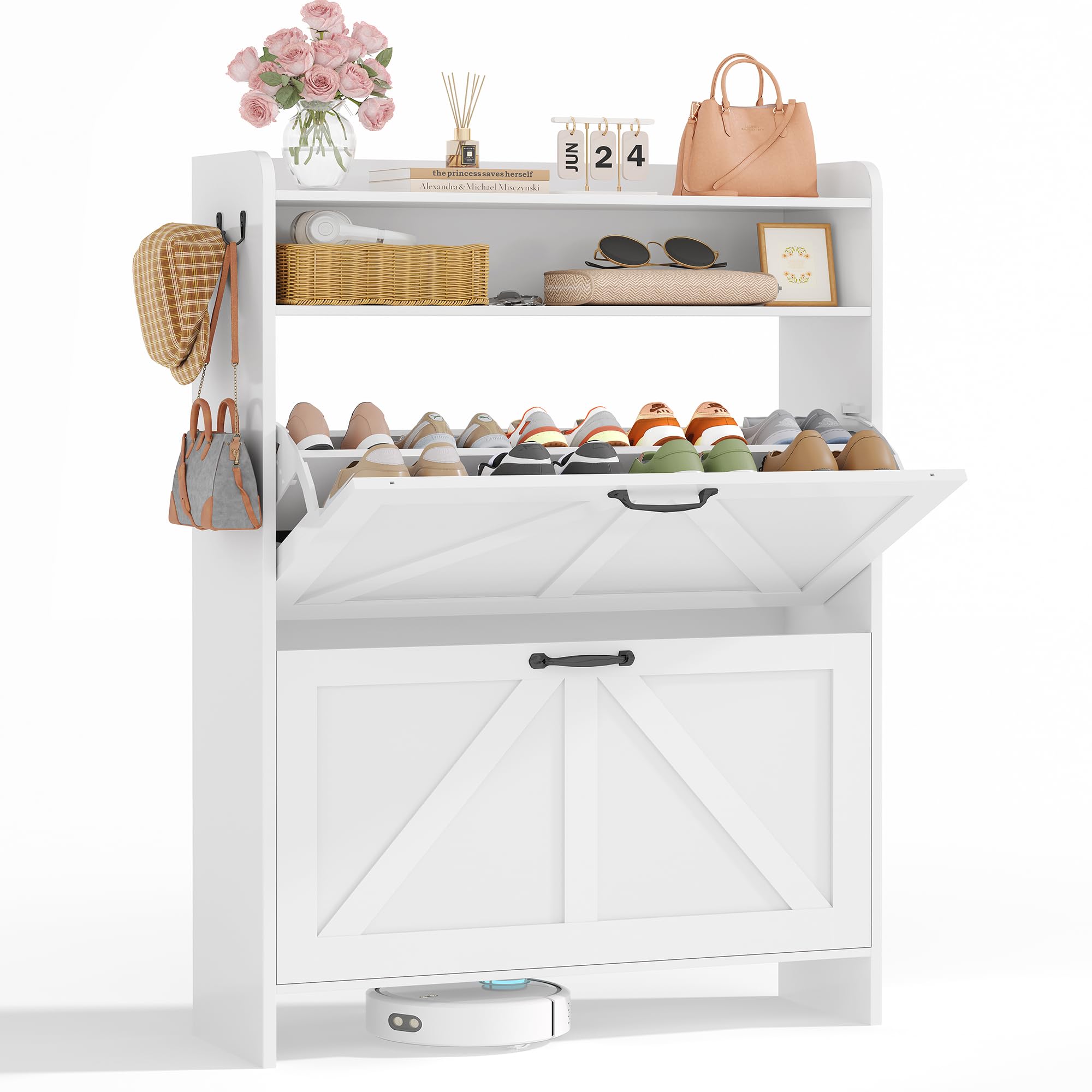 Zapatero Recibidor 24cm, Mueble Zapatero con 2 Cajones y Estantes Ajustables, para 16-20 Pares de Zapatos,Zapatero Estrecho Ideal para Entrada, Salón, Pasillo,24 x 76 x 112 cm, Blanco