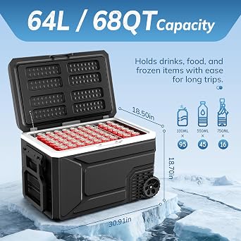 12V Refrigerator Electric Cooler 68QT for Car&Camping with Wheels,Black