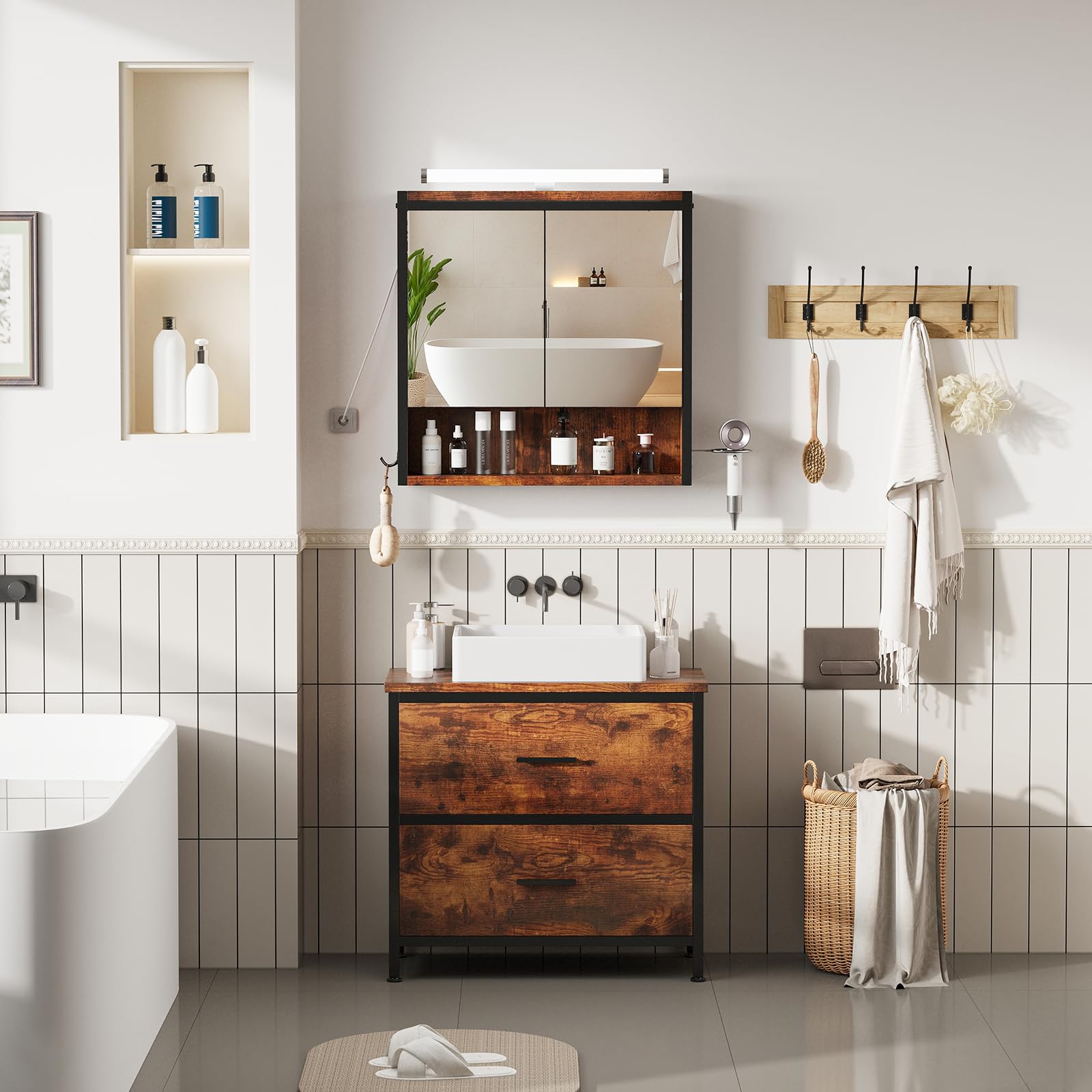 ELUCHANG Waschbeckenunterschrank,Badezimmerschrank mit 2 großen Schubladen &mit Füßen,Unterschrank 60x30x60cm,Badschrank,Feuchtigkeitsbeständig,Ideal für Kompakte Badezimmer & Gäste-WC,Schwarz+Vintage
