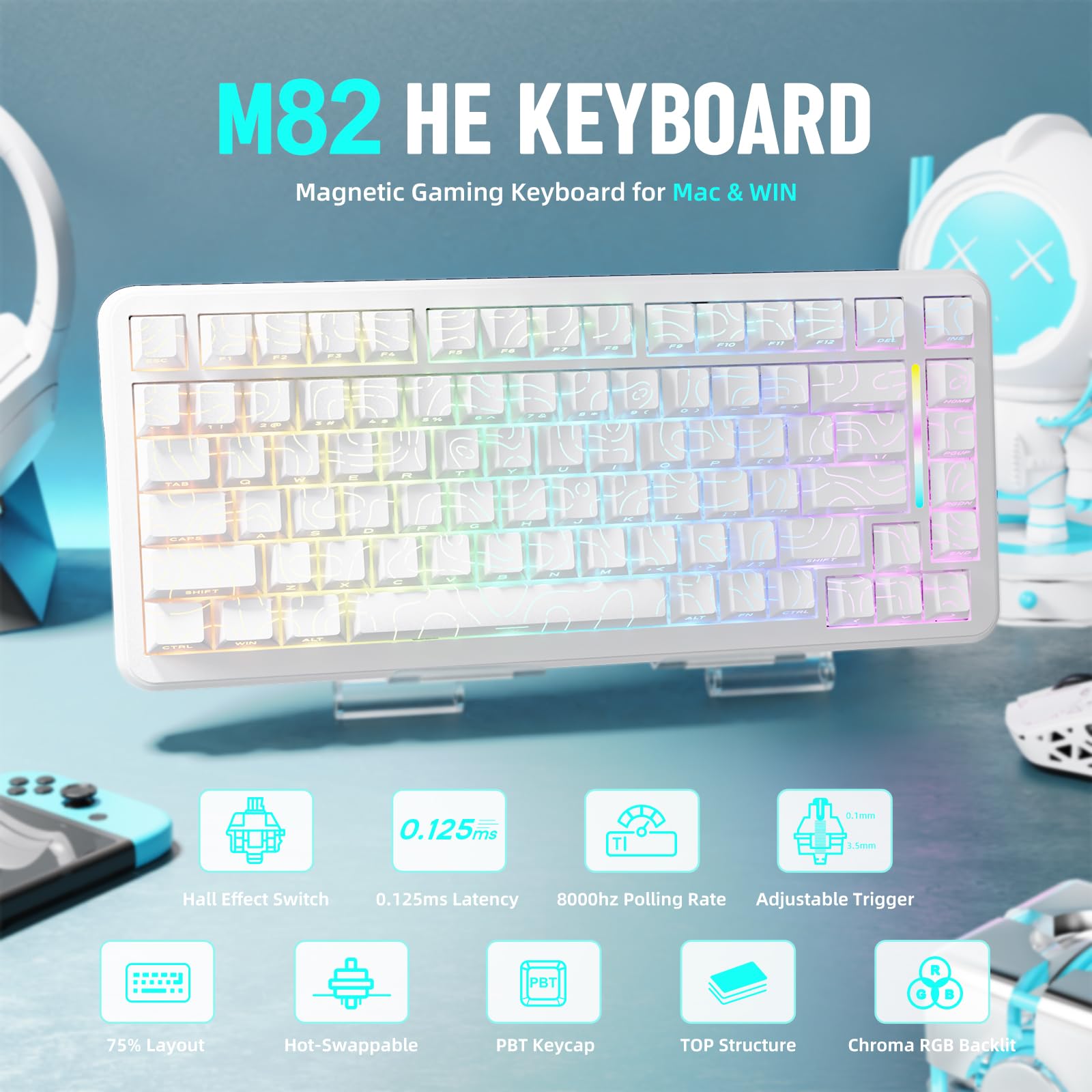 MAMBASNAKE M82HE QWERTY Tastiera magnetica cablata al 75% con frequenza di polling di attivazione rapida a 8000 Hz, attuazione regolabile e precisione di 0.01 mm, retroilluminata RGB(Contorno bianco)