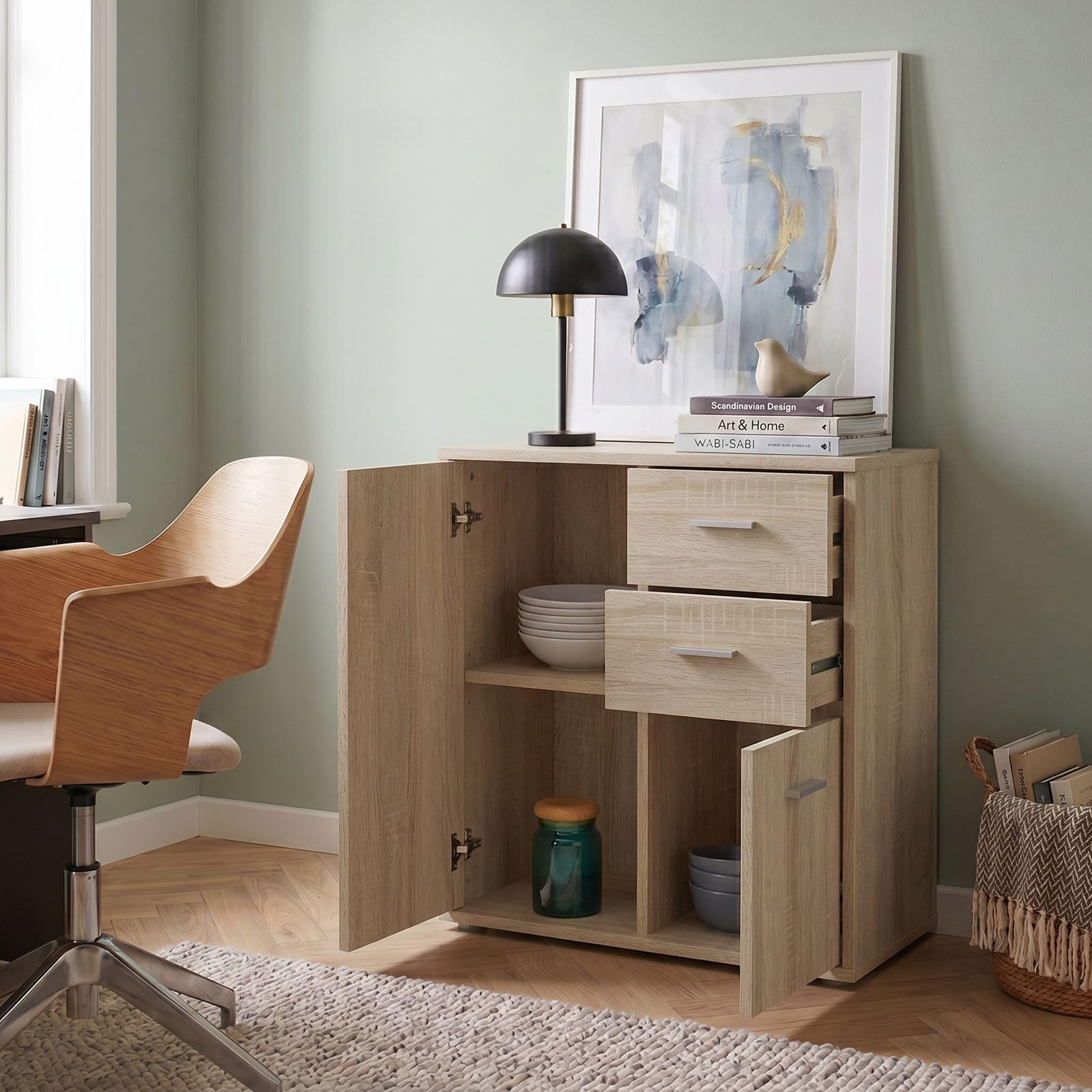 IDIMEX Buffet Remy, Commode Meuble de Rangement avec 2 tiroirs et 2 Portes, en mélaminé décor chêne Sonoma