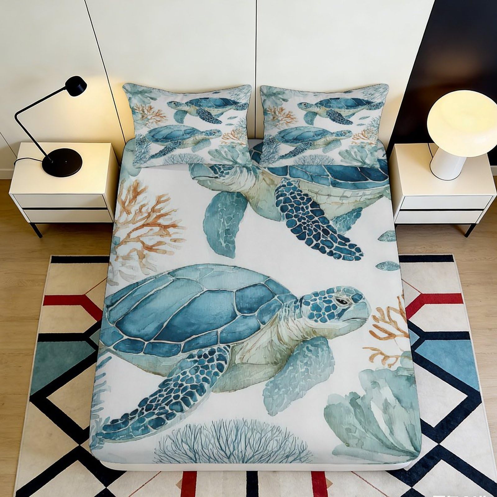 3D Printed Sea Turtle Fitted Sheet Microfiber Soft Breathable Coral Ocean Mattress Cover for Bedroom Dorm Decor 90x200x25cm