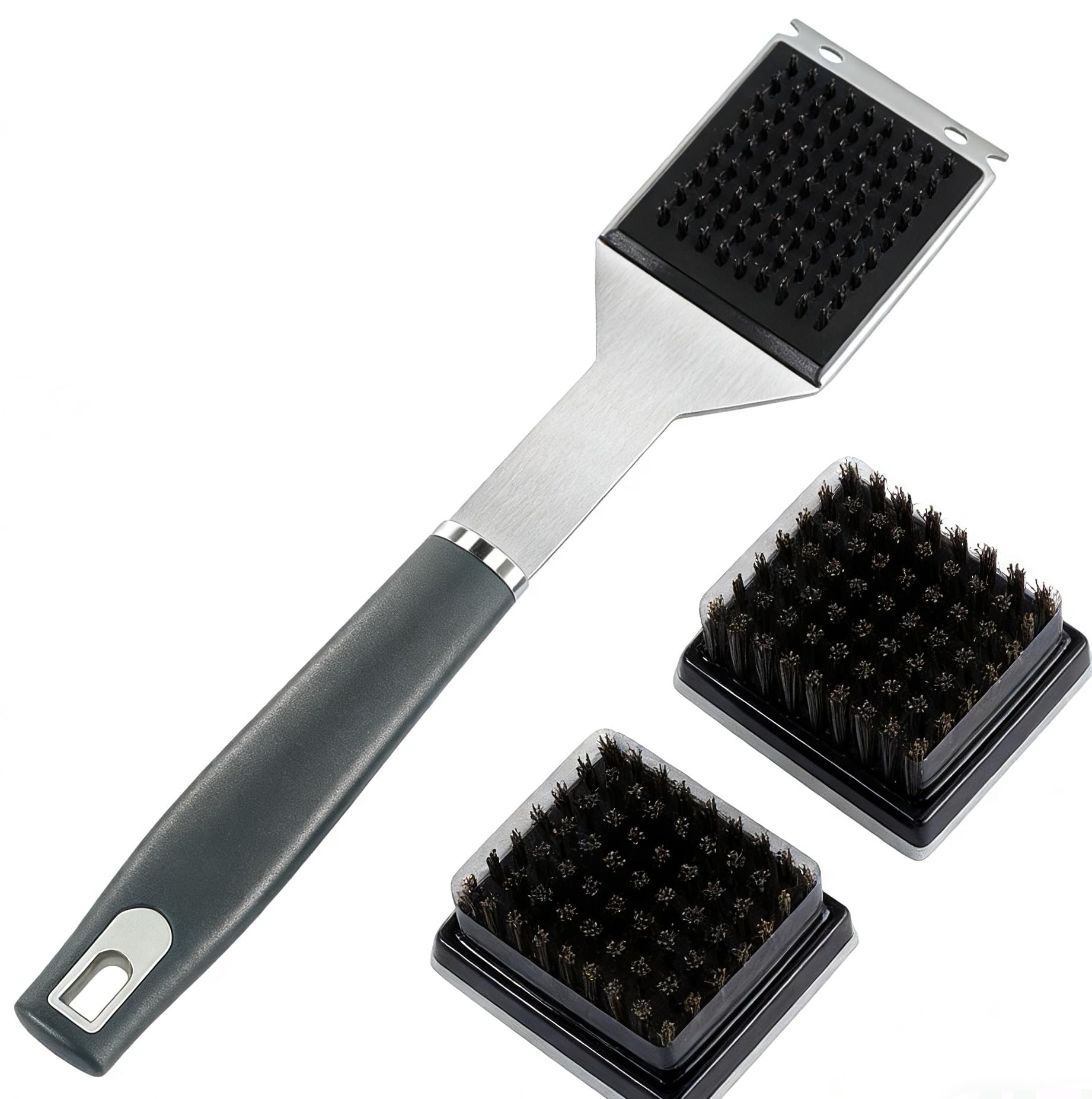 Cepillo para barbacoa de acero inoxidable, 2 en 1, multifuncional, de acero inoxidable, con raspador, incluye dos cabezales de cepillo de repuesto, limpieza profunda