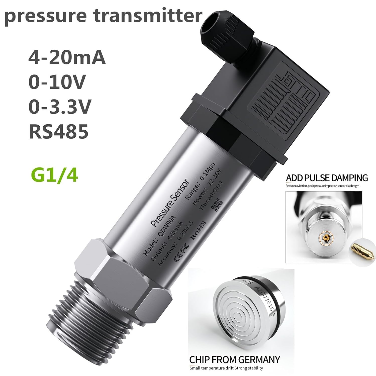 304SS 0-10bar 0-16bar 0-20bar to 0.5-4.5V 0-3.3V Water Oil Gas Air Pressure Transmitter Sensor for Oil Fuel Diesel 4-20mA RS485(0-3.3V G1-4,-1-10bar)