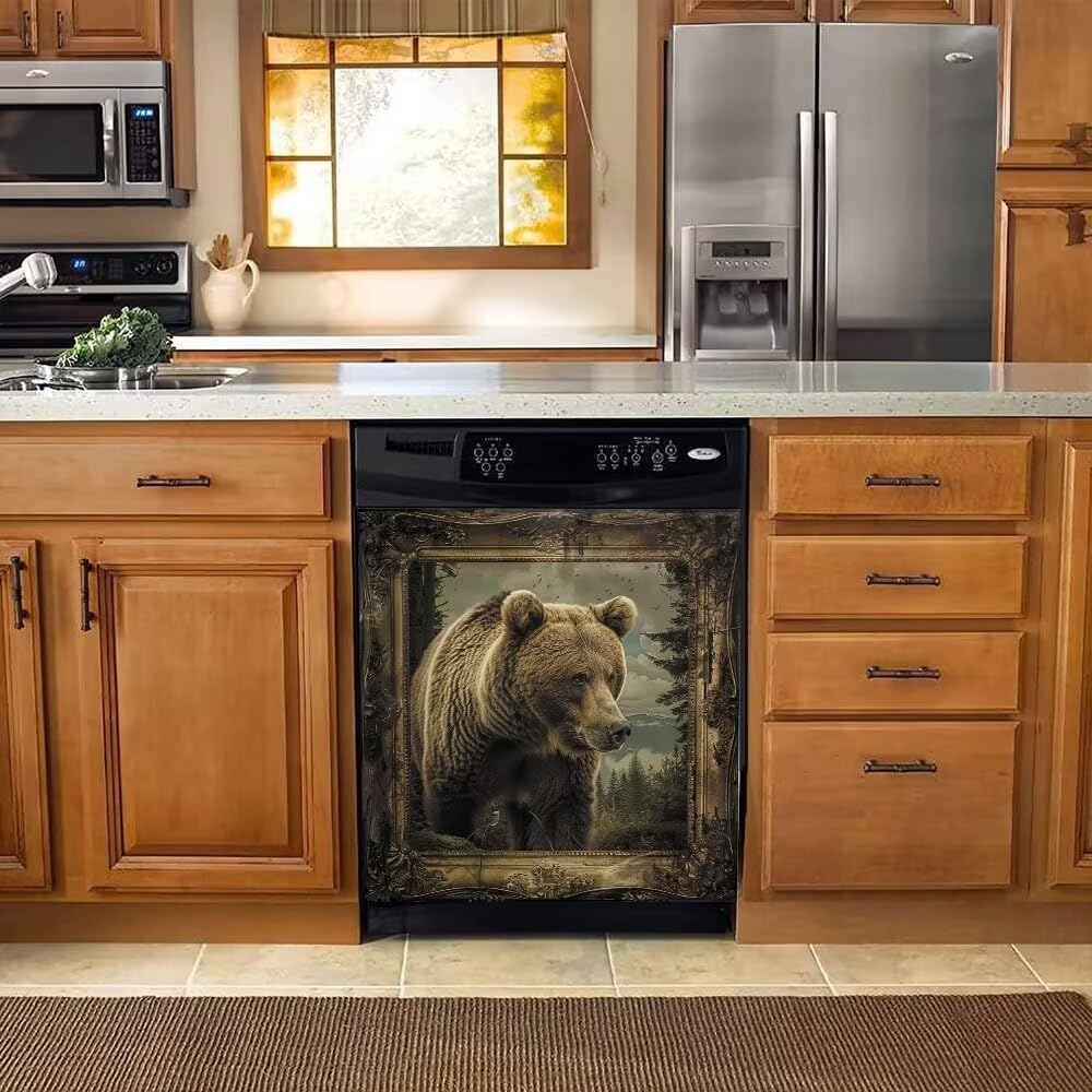 Generic Bear Magnet Dishwasher Door Cover Sheet, Forest Animal Bears Magnetic Refrigerator Panel Decal, Retro Dishwasher Magnet Full Cover - 23"" x 26"" Magnetic, Magc06-3