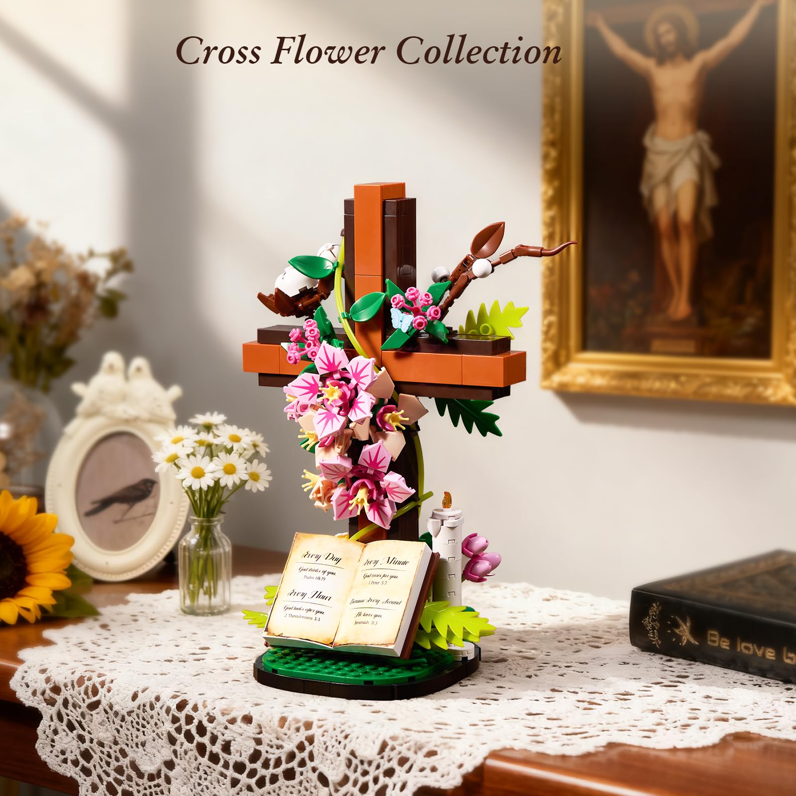 Set di mattoncini da costruzione Flower Cross of Jesus 568 pezzi, giocattoli da costruzione per decorare la cappella di casa, regali pasquali per la scuola domenicale, educazione alla fede