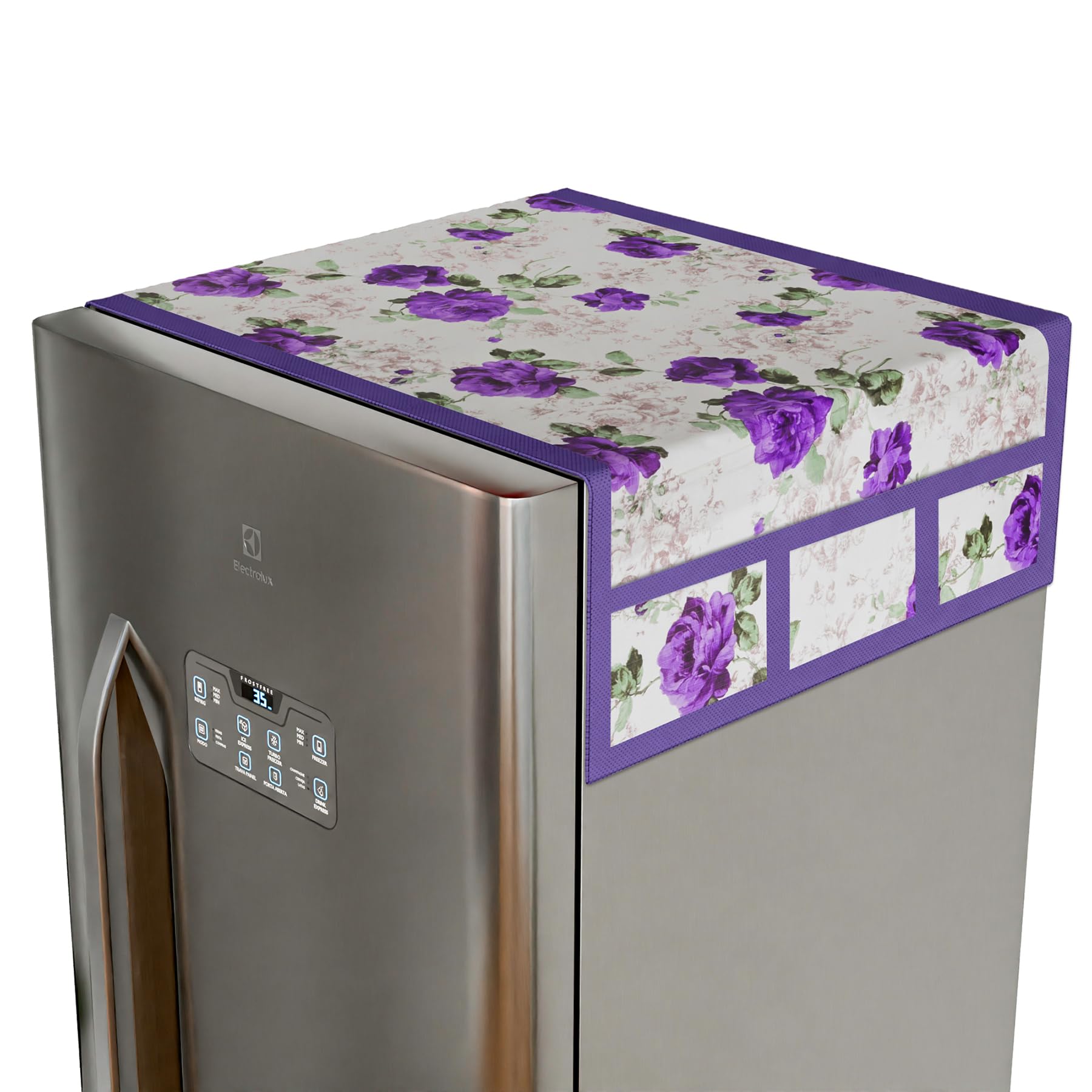 Kuber Industries Fridge Top Cover | PVC Fridge Top Cover | Purple Flower Fridge Top Cover | Refrigerator Cover with 6 Side Pockets | Refrigerator Top Protector | Appliance Cover | White