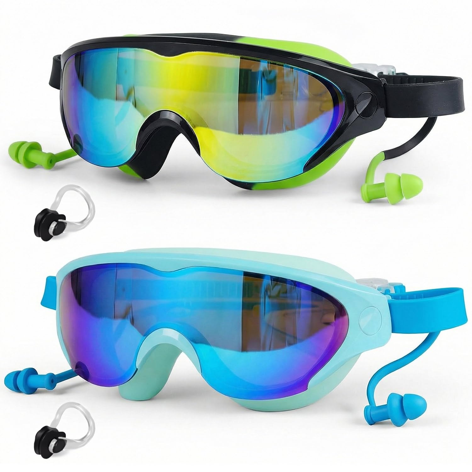Zoomsnail 2 Pack swimming goggles kids, Anti-Fog swimming goggles Wide View, Waterproof kids goggles 6-14, UV Protection swim goggles for Boys & Girls Black and Blue