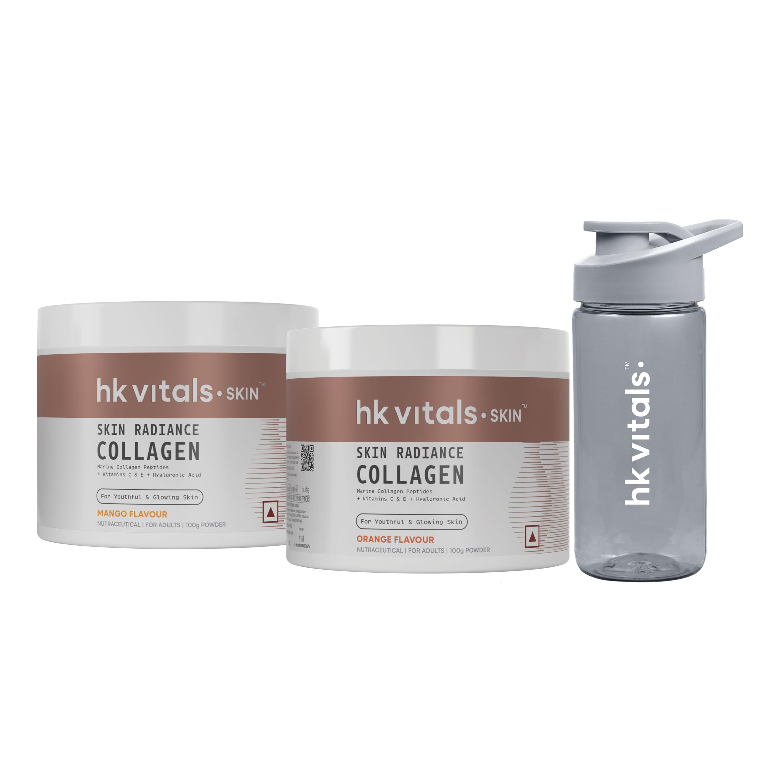 hk vitals Skin Radiance Marine Collagen Supplement (Orange & Mango, 2 X 100g) & Sipper Bottle (Grey, 300ml) Combo Pack |Vitamin C & E | For Healthy Hair & Skin
