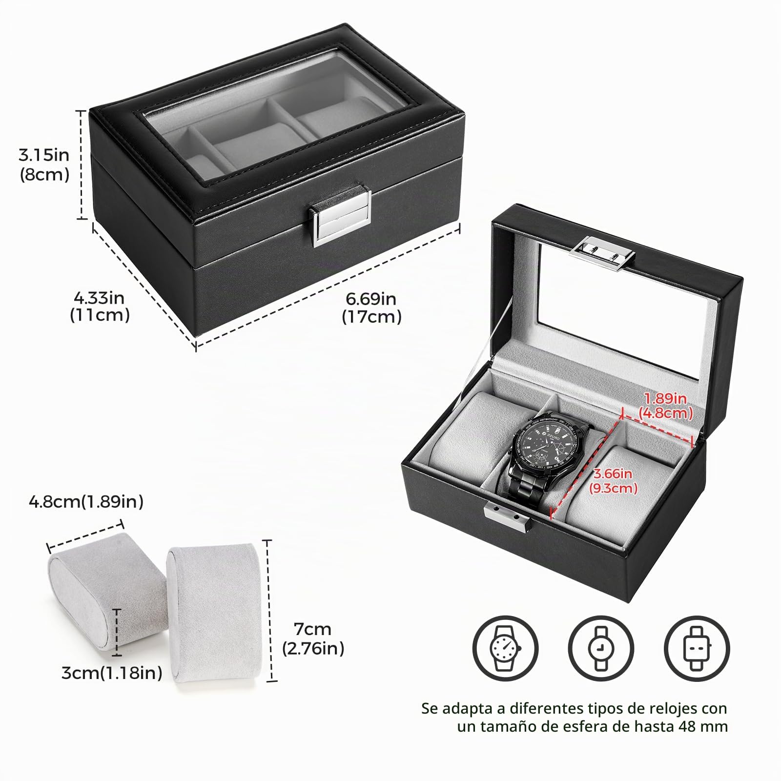 ProCase Caja de Relojes 3 Compartimentos Tapa de Cristal Cojín Extraíble Organizador Negro