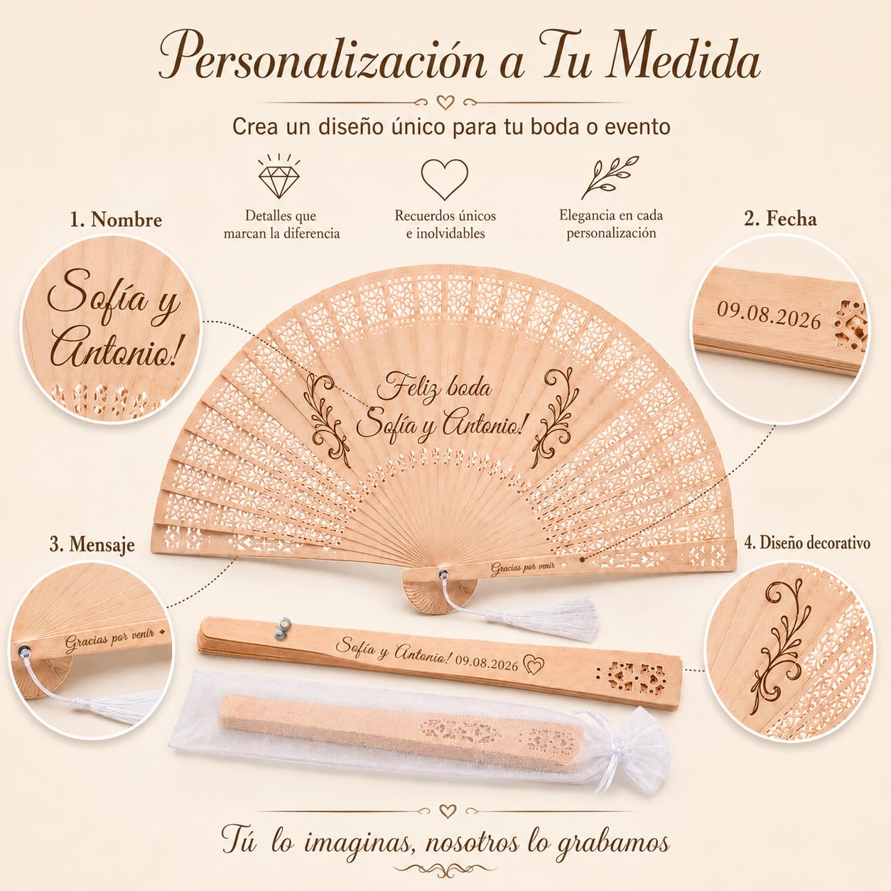 100pcs Abanicos Boda para Invitados Personalizados, Abanicos de Madera para Bodas con Nombre o Texto, para Recuerdos para Invitados, Decoraciones para Fiestas Y Diversas Actuaciones
