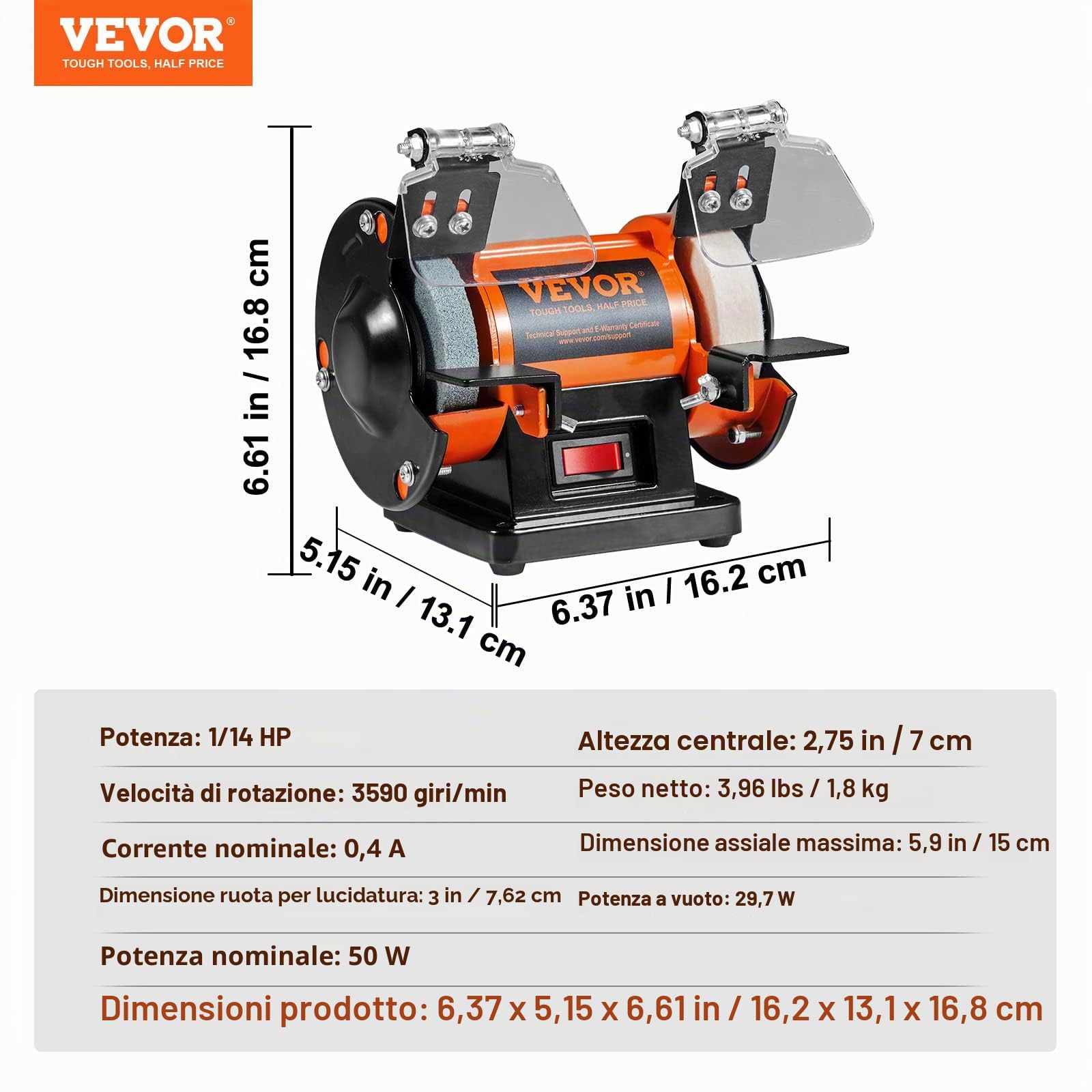 VEVOR Macchina Lucidatrice da Banco 50W Velocità 3590 giri/min 3 Mole per Lucidatura Gioielli Metalli Pietre, Lucidatrice per Gioielli da Banco Doppia Testa Altezza Centrale 7 cm di Motore Brushless
