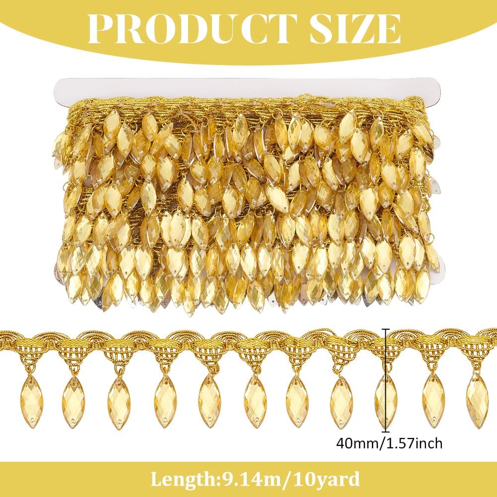 FINGERINSPIRE 10 Yards Hanging Fringe Lace 1-5/8 inch Wide Gold Metallic Braid Lace Trim with Horse Eye Beads and Tassels Champagne Yellow Beads Sew on Fringe Ribbon for DIY Crafts Decoration