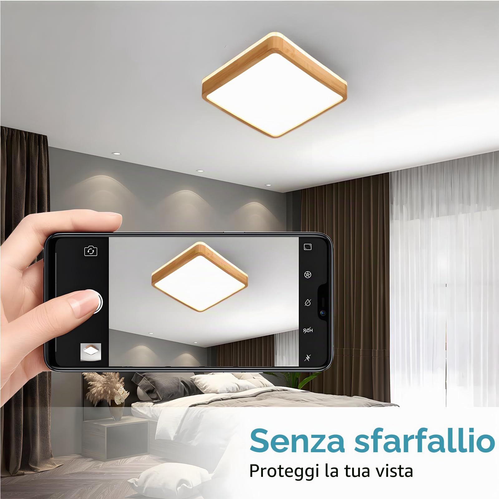 Plafoniera LED In Legno | Ø30cm 3000K 1620Lm 18W | Lampada Soffitto Quadrata In Legno Naturale Con Luce 360°, Camera Letto Soggiorno Cameretta Dei Bambini Cucina Sala Pranzo (Bianco Caldo)
