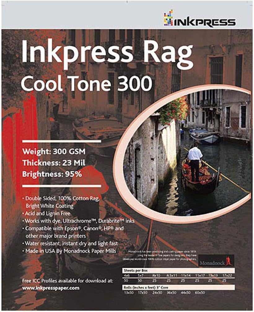 Inkpress Rag Cool Tone 300 Double Sided, Bright White Matte Inkjet Paper, 23 mil, 300 gsm, 95% Bright, 11x14", 25 Sheets