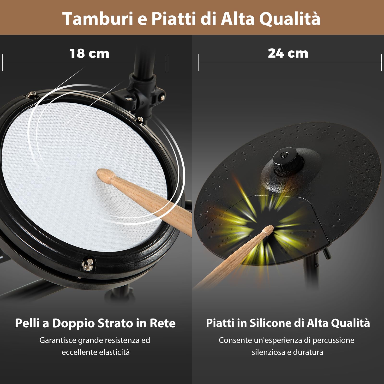COSTWAY Set di Batteria Elettrica a 7 Pezzi, con 4 Pad a Rete, 3 Piatti, 150 Suoni e 10 Demo, Batteria Musicale per Principianti con Supporto Pieghevole, Sgabello Regolabile, Bacchette e Cuffie
