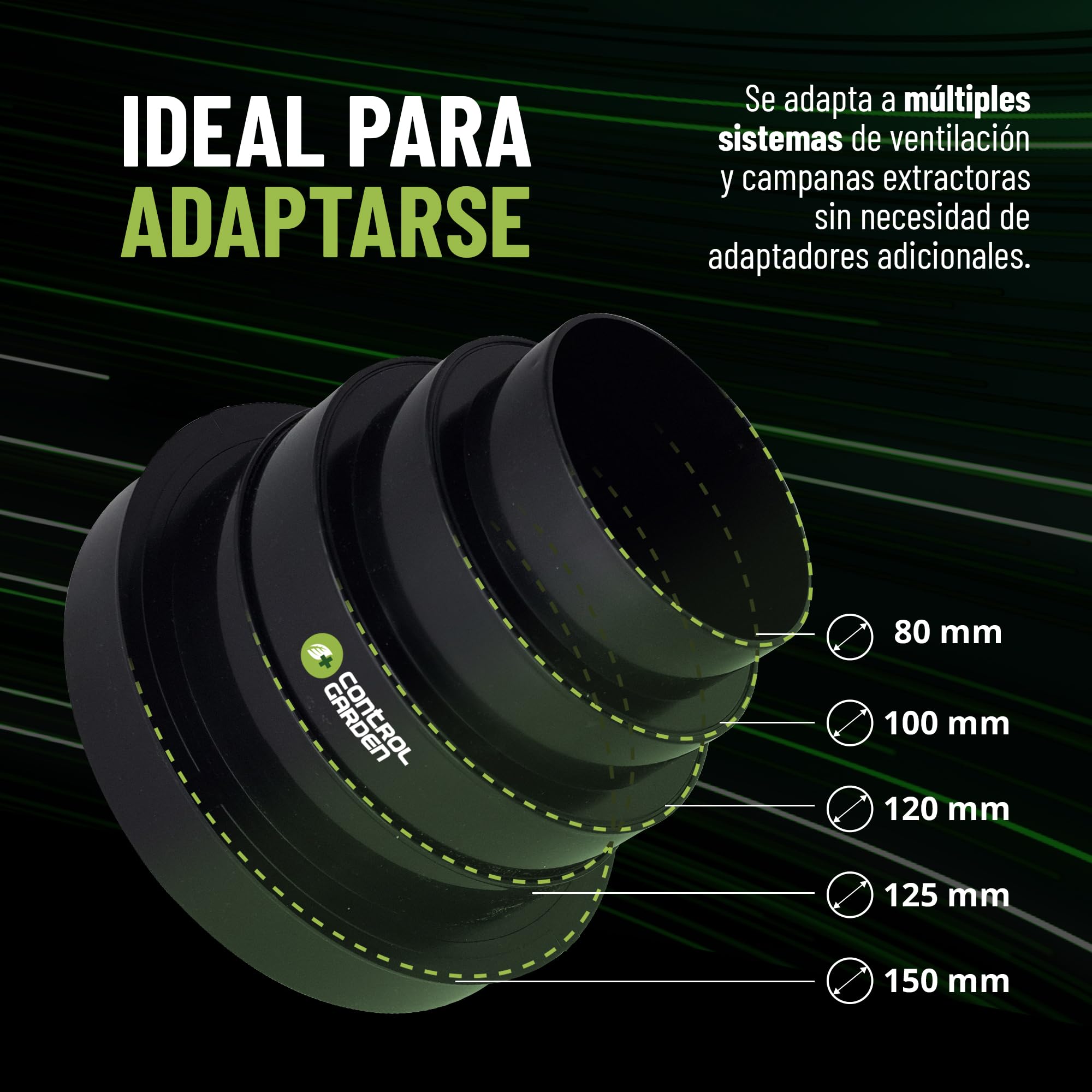 CONTROL GARDEN Reductor Universal para Sistemas Ventilación - Acople Conector para Conductos Ventilación Diámetro Ø 80 100 120 125 150 mm - Reductor Tubo Negro