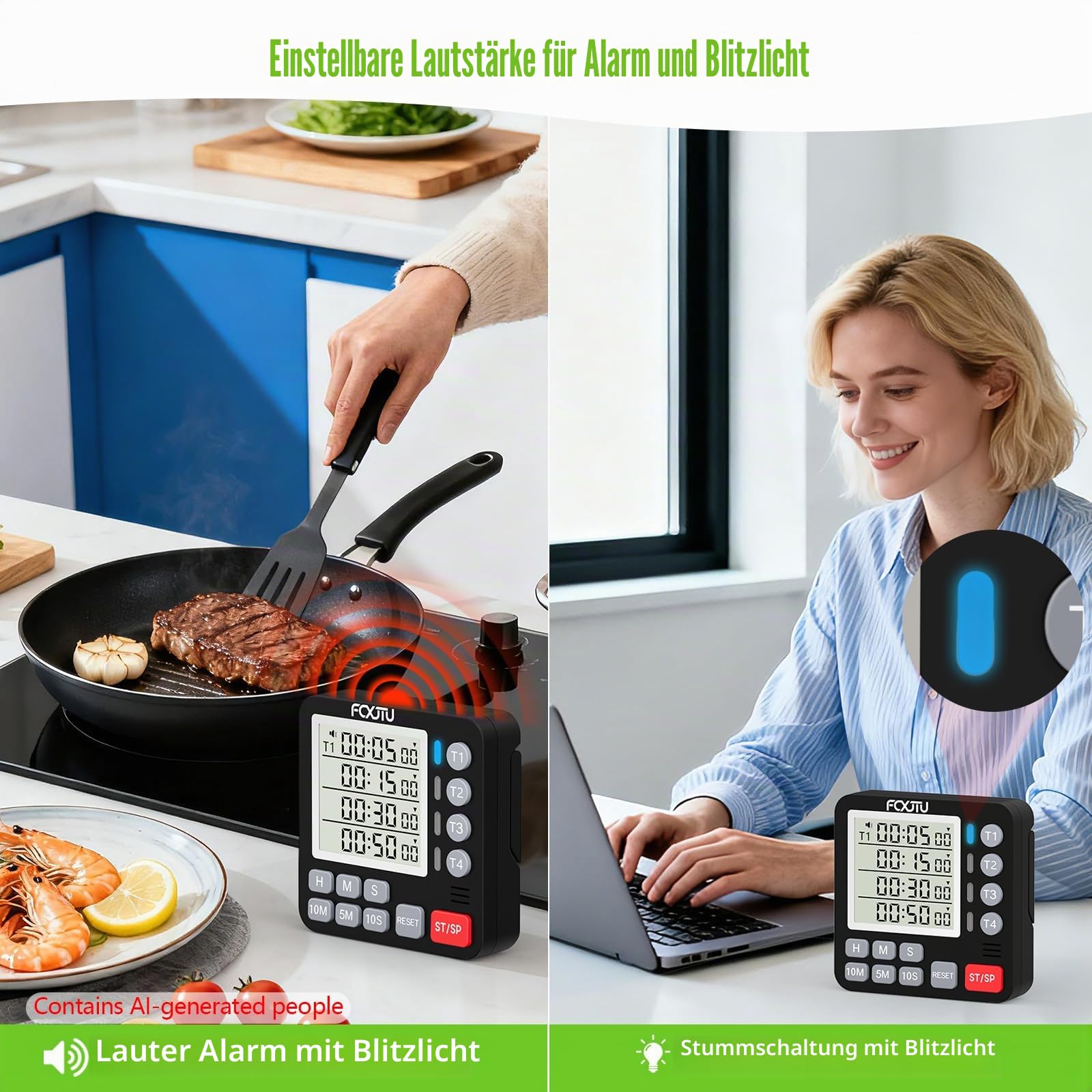 Digitaler Dual-Küchentimer, 4-K-Magnetischer Countdown-Timer zum Kochen, Ein/Aus, Großer Display, Mehrfach-Lebensmittel-Lautalarm, Leise für Klassenzimmer, Senioren, Batterie inklusive