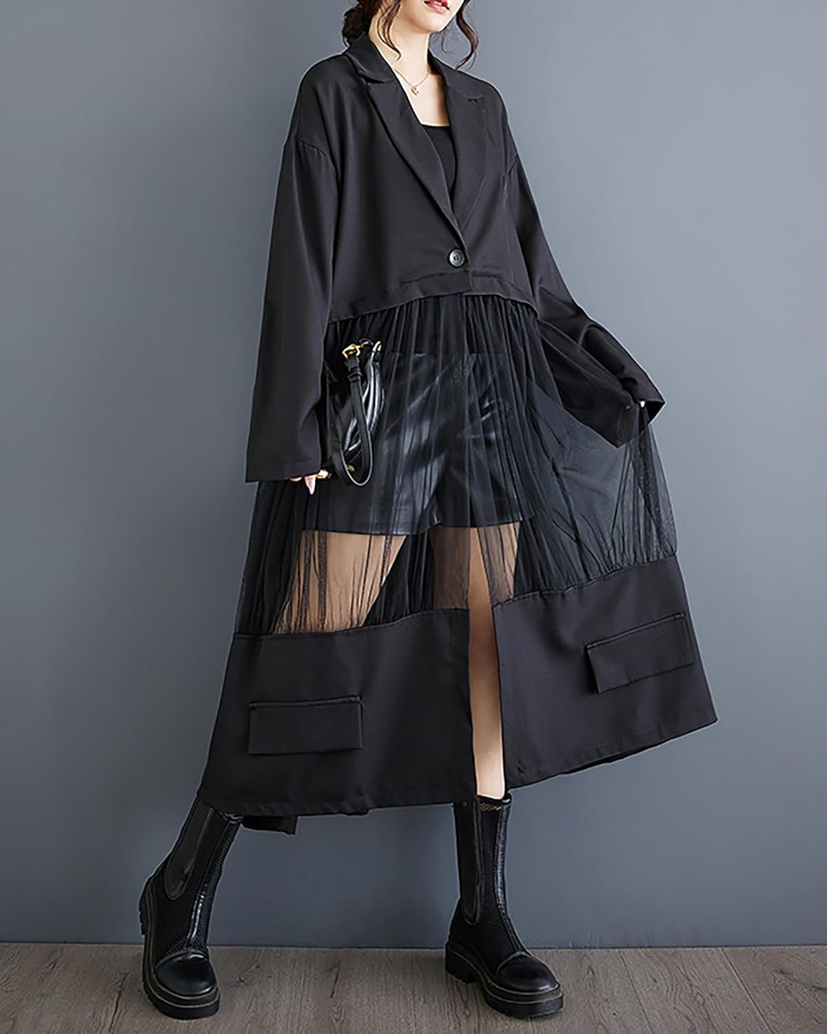 Women's Shirt Dress Long Sleeve Buttoned Tulle See Through Solid Patchwork Loose GZ304 - Image 4