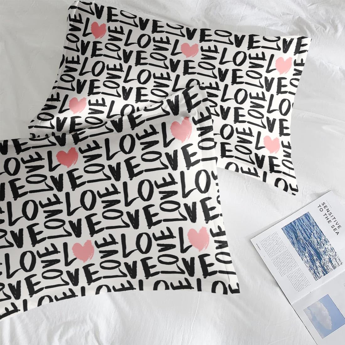 Comforter Set Queen Size, Love Heart 7 Pcs Bedding for Kids and Adults, Black and Pink Bedding Sets with Fitted Sheet 2 Pillowcases & 2 Shams for Bedroom Bed Decor - Image 7