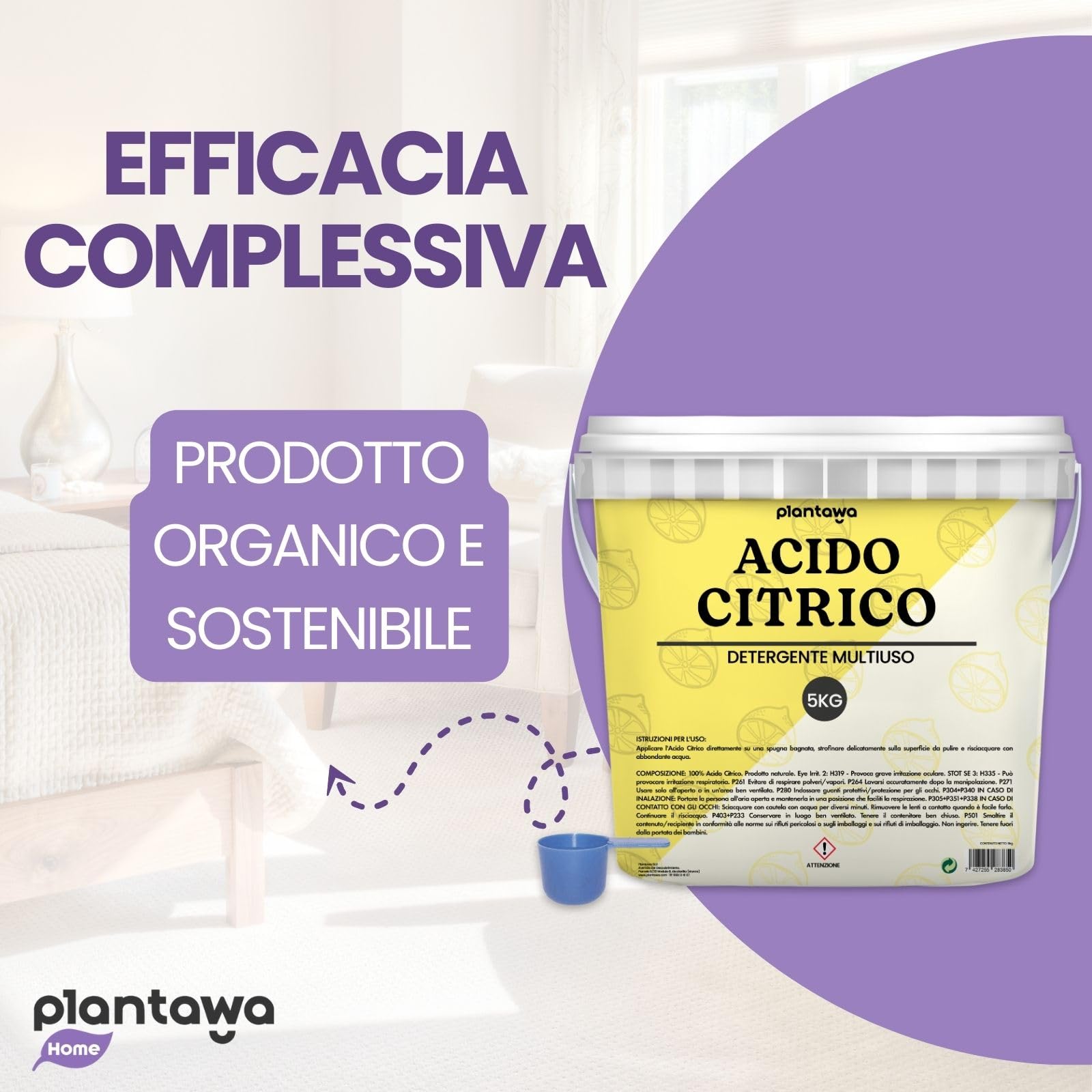 PLANTAWA Acido Citrico in polvere 5kg | Acido Citrico per Pulizia Casa | Multiuso per Lavatrice, Bagno e Cucina | Alternativa Naturale ai Detergenti Chimici | 100% Puro e Versatile