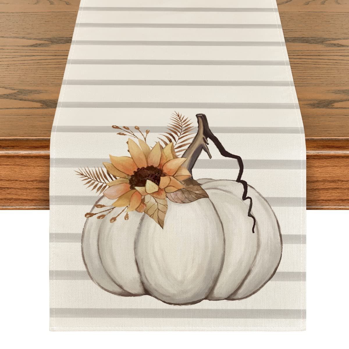 Artoid Mode Stripes Pumpkin Sunflower Leaves Fall Table Runner, Seasonal Autumn Kitchen Dining Table Decoration for Outdoor Home Party 13x90 Inch