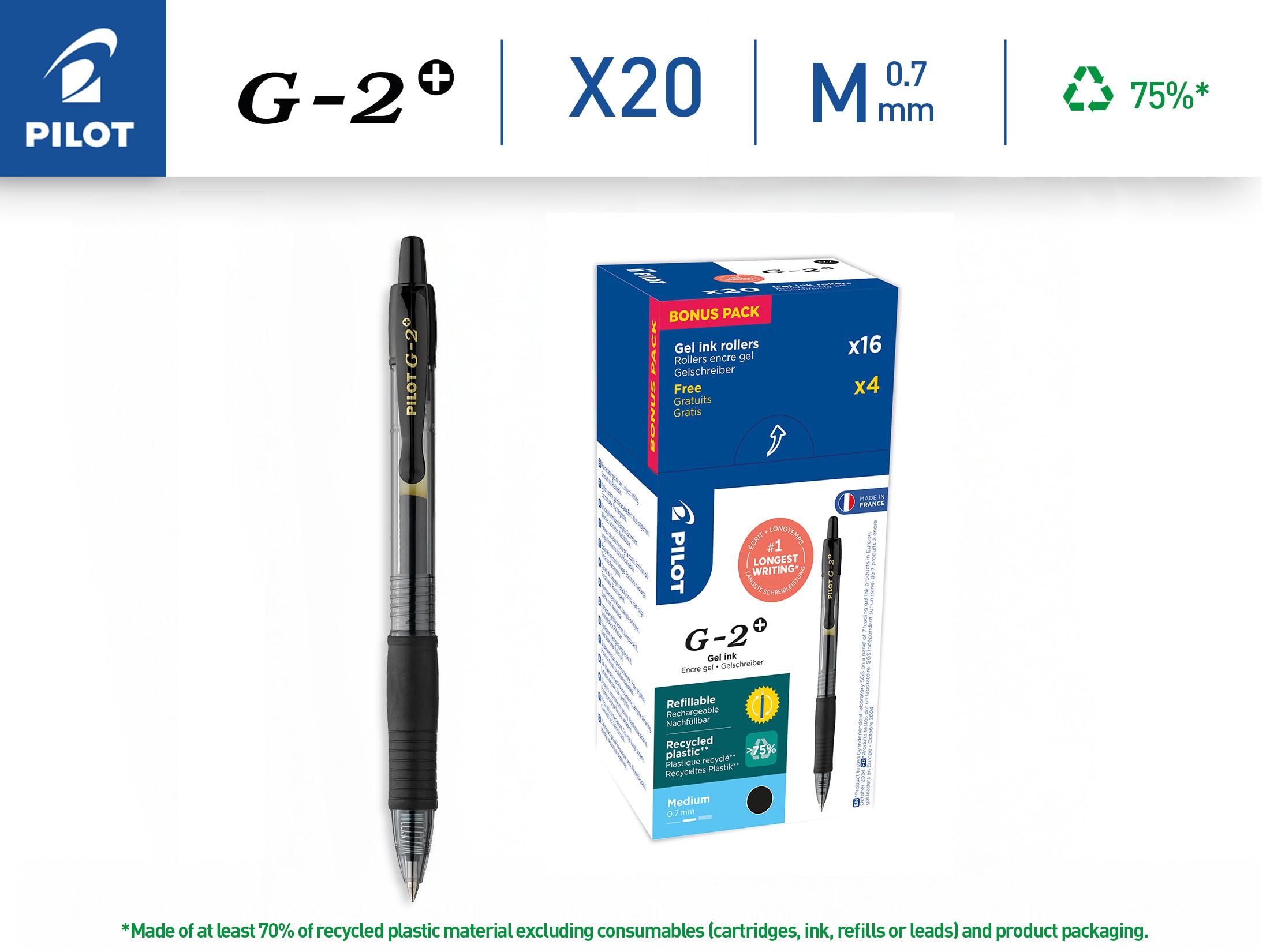 PILOT - Caja de 20 G2 Plus - Bolígrafos Roller con Tinta Gel - Retráctiles y Recargables - Excelente Comodidad de Escritura - Fabricado con Plástico Reciclado - Negro - Punta Media