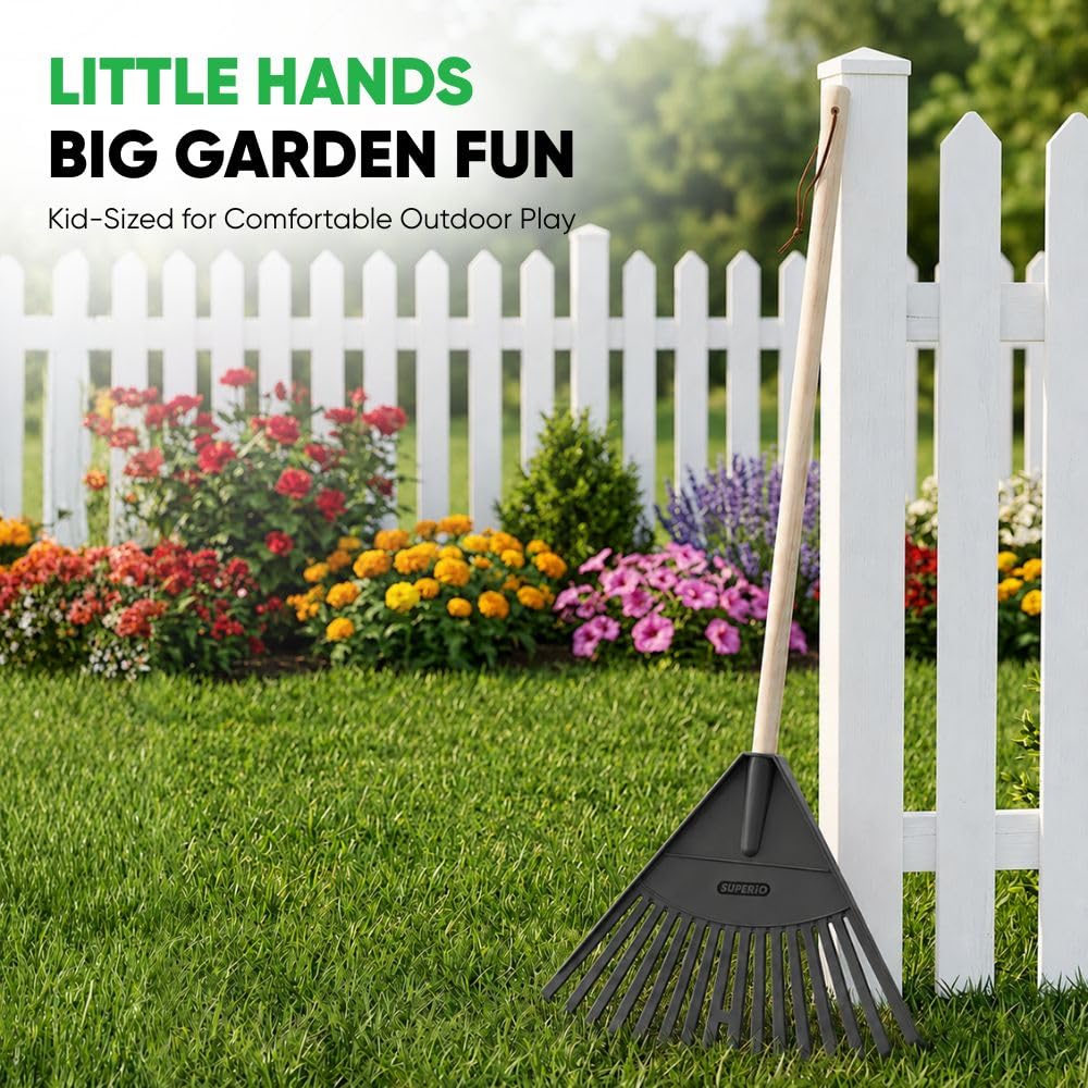 Superio Rastrello per bambini con manico in legno duro, testa in plastica resistente per spazzare le foglie nel prato e riordinare il giardino, altezza 86,4 cm (3, grigio)