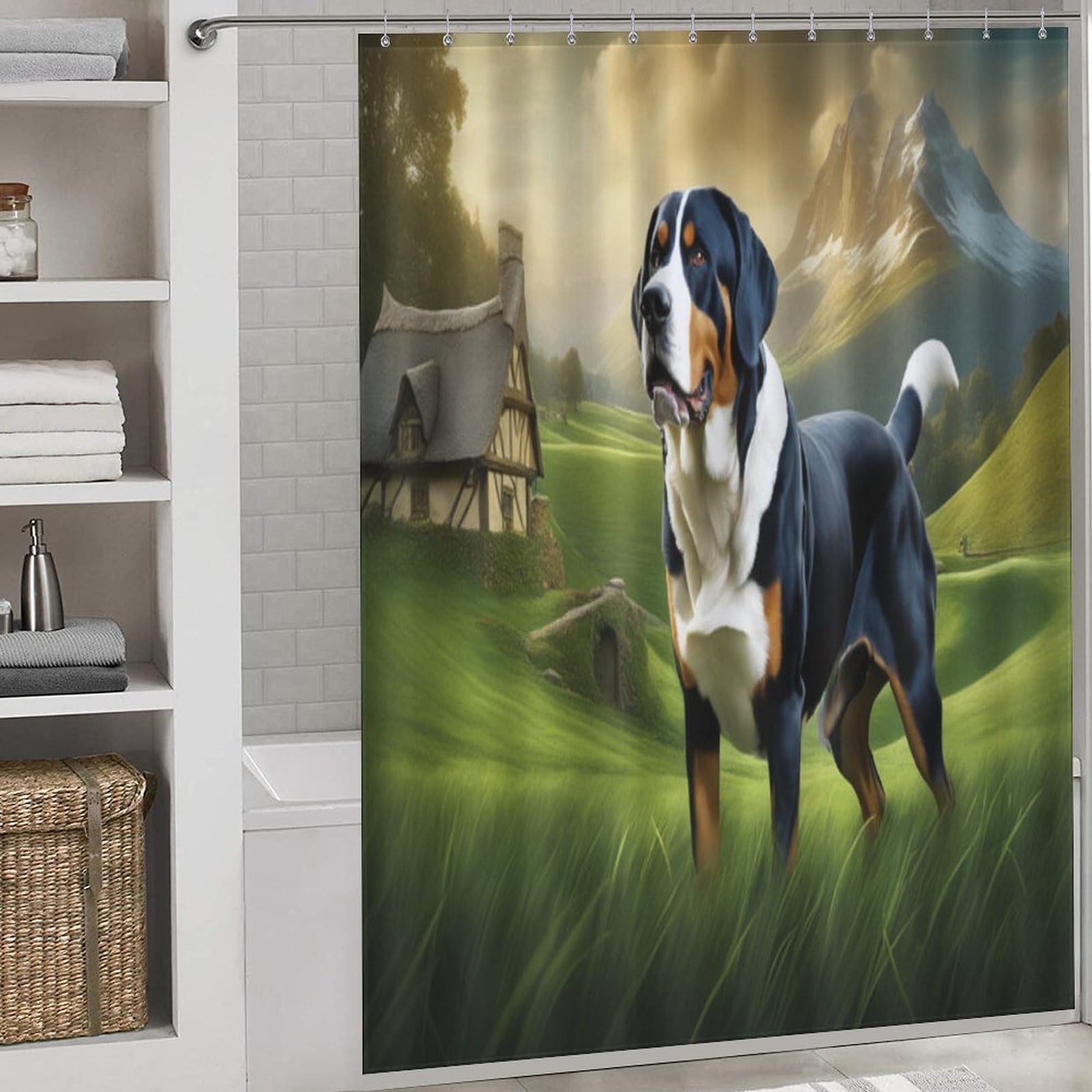 Rideau de douche chien mignon en polyester lavable 168x183cm pour salle de bain