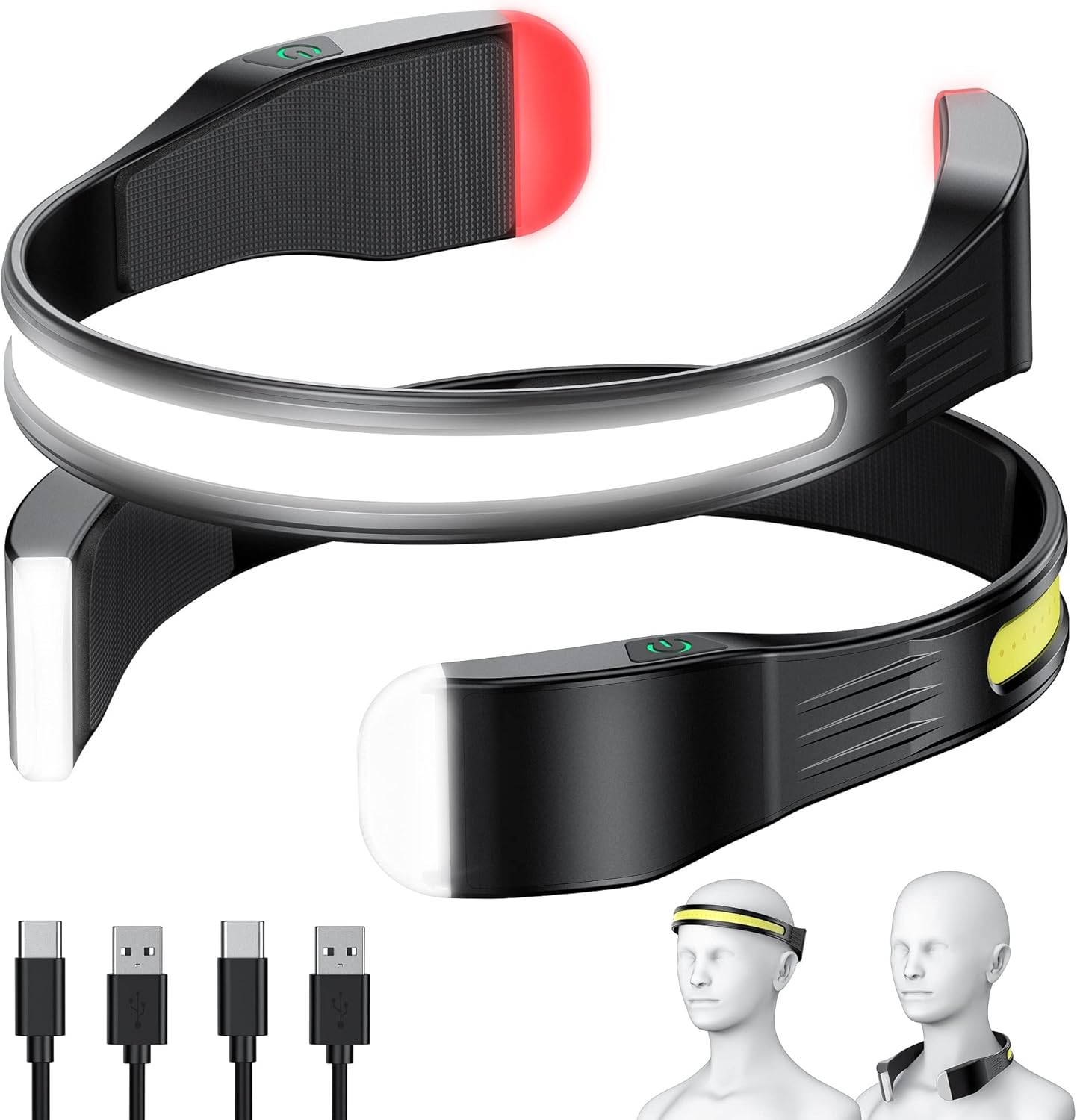 DAIKA LED Headlamp, 2 Pack Head Lamp & Neck Light USB C Rechargeable