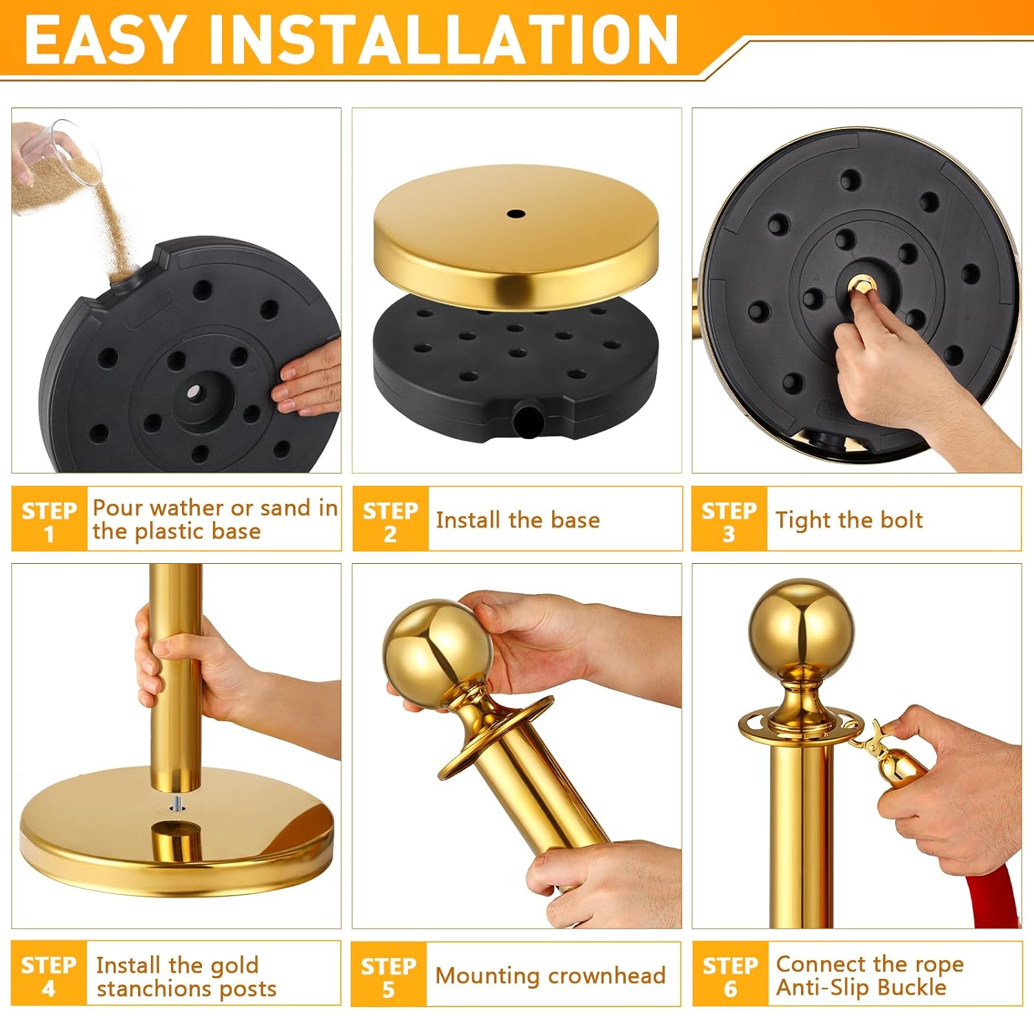 8 Pack Upgraded Stainless Steel Stanchions and Velvet Ropes 5FT Extended Red Carpet Ropes Poles Crowd Control Safety Barriers Set with Stable Base for Theaters Parties Wedding Exhibition (Gold)