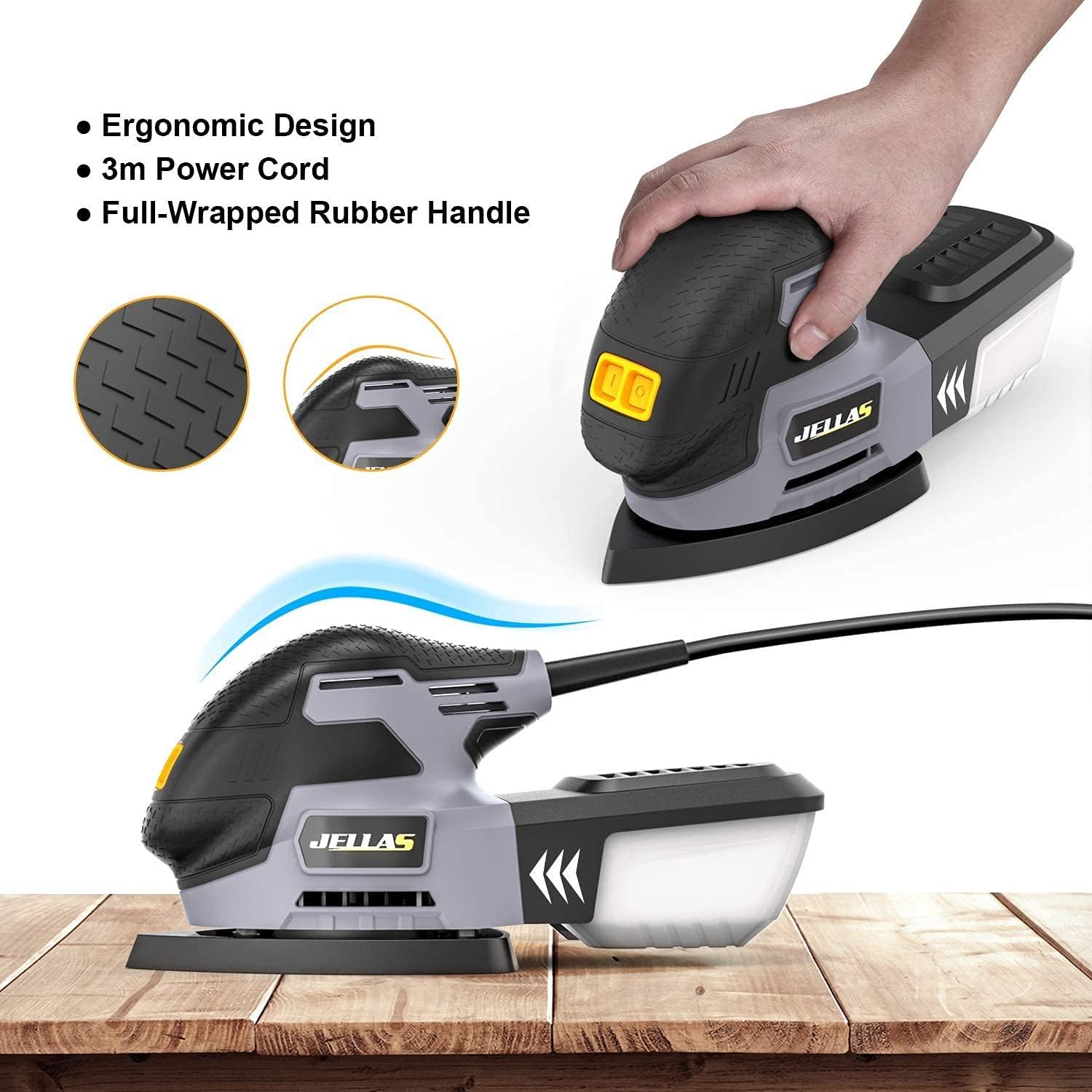 JELLAS Detail Mouse Sander, Compact Electric Sander for Wood, 13,000 RPM Sanders, 2 Amp Hand Sander with 12PCS Standard Sandpapers, Sanding Pads Included, MS220-SD - - 