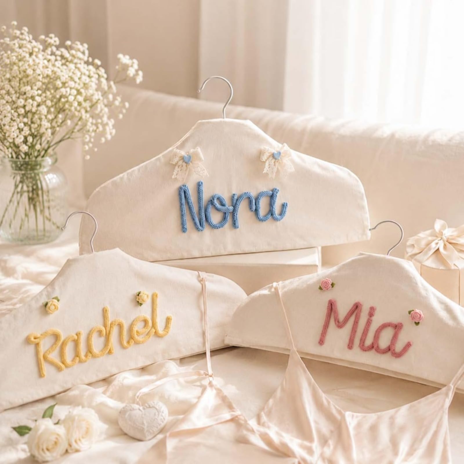 Custom Hand Embroidery Dress Hanger Jacket, Personalized Name Linen Wedding Hanger for Bride, bridal shower gift