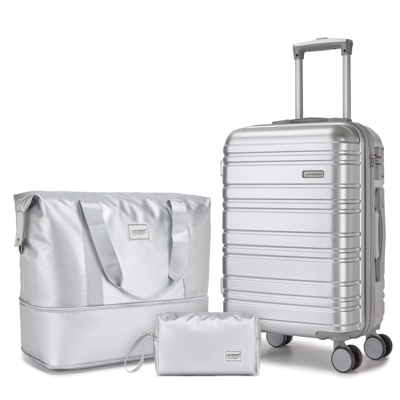 LARVENDER Carry on Luggage Sets 3 Piece, 20inch Suitcase Set, Glossy Silver