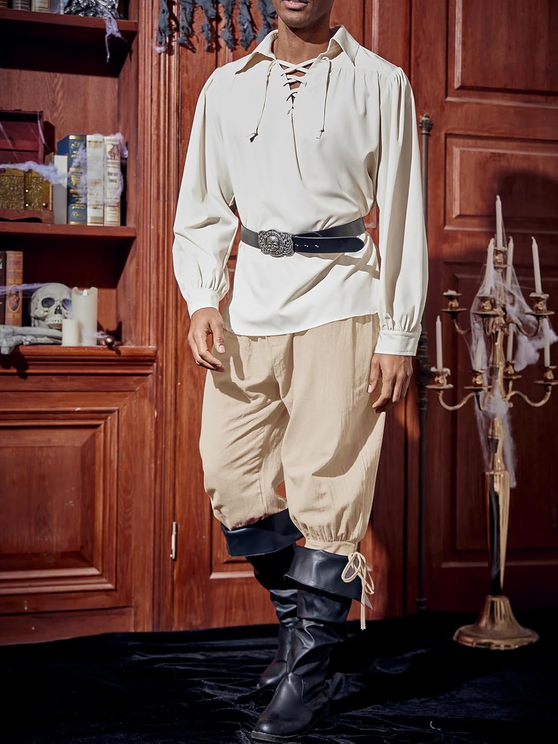 Runcati Mens Medieval Ankle Pants Renaissance Viking Pirate Lace Up Tapered Halloween Linen Costume Trousers - Image 4