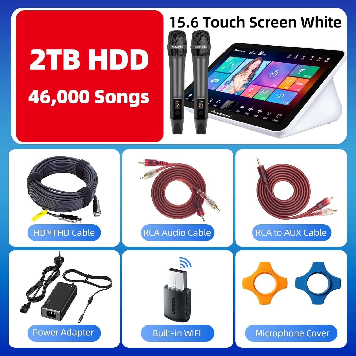 Image showing the Inandon karaoke machine with its 2TB HDD and included accessories.
